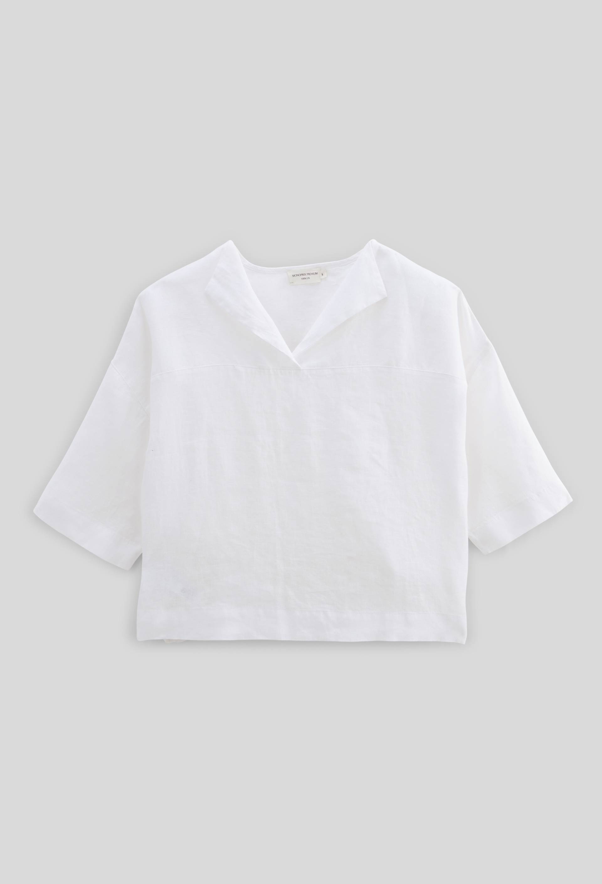 Top manches trois quarts uni en lin, Blanc, large image number 2
