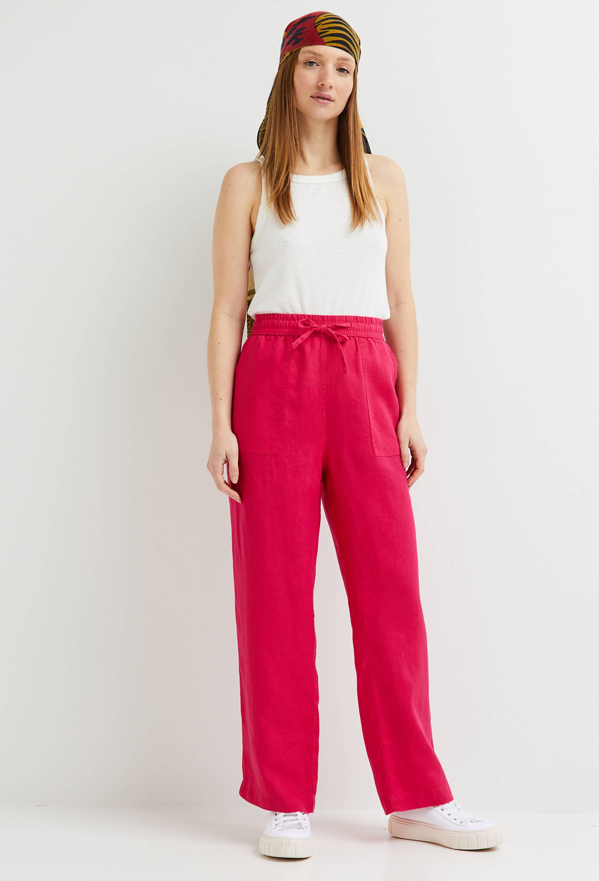 Pantalon taille élastiquée en lin, certifié European Flax, Rose foncé, large image number 0.0