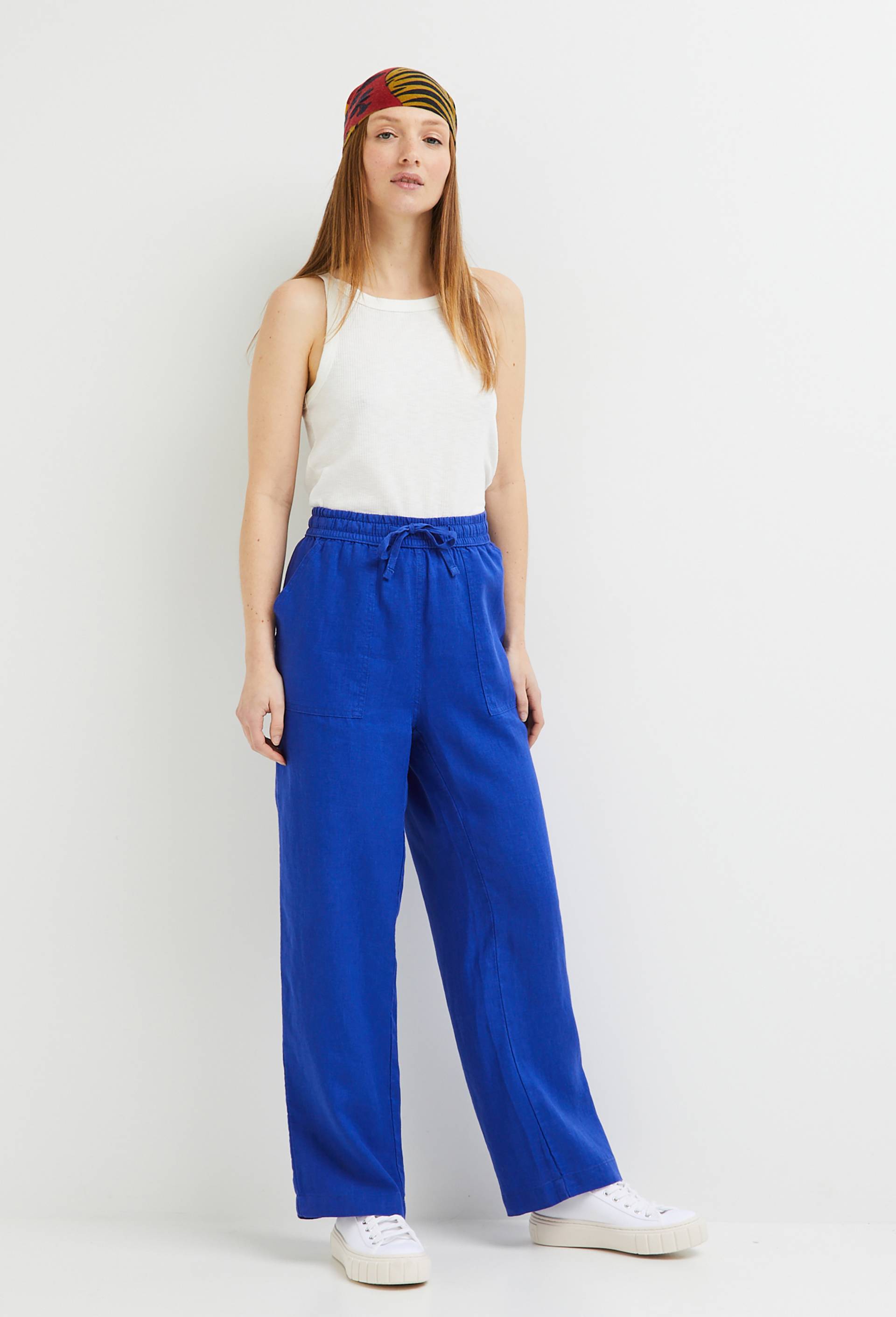 Pantalon taille élastiquée en lin, certifié European Flax, BLEU, large image number 0