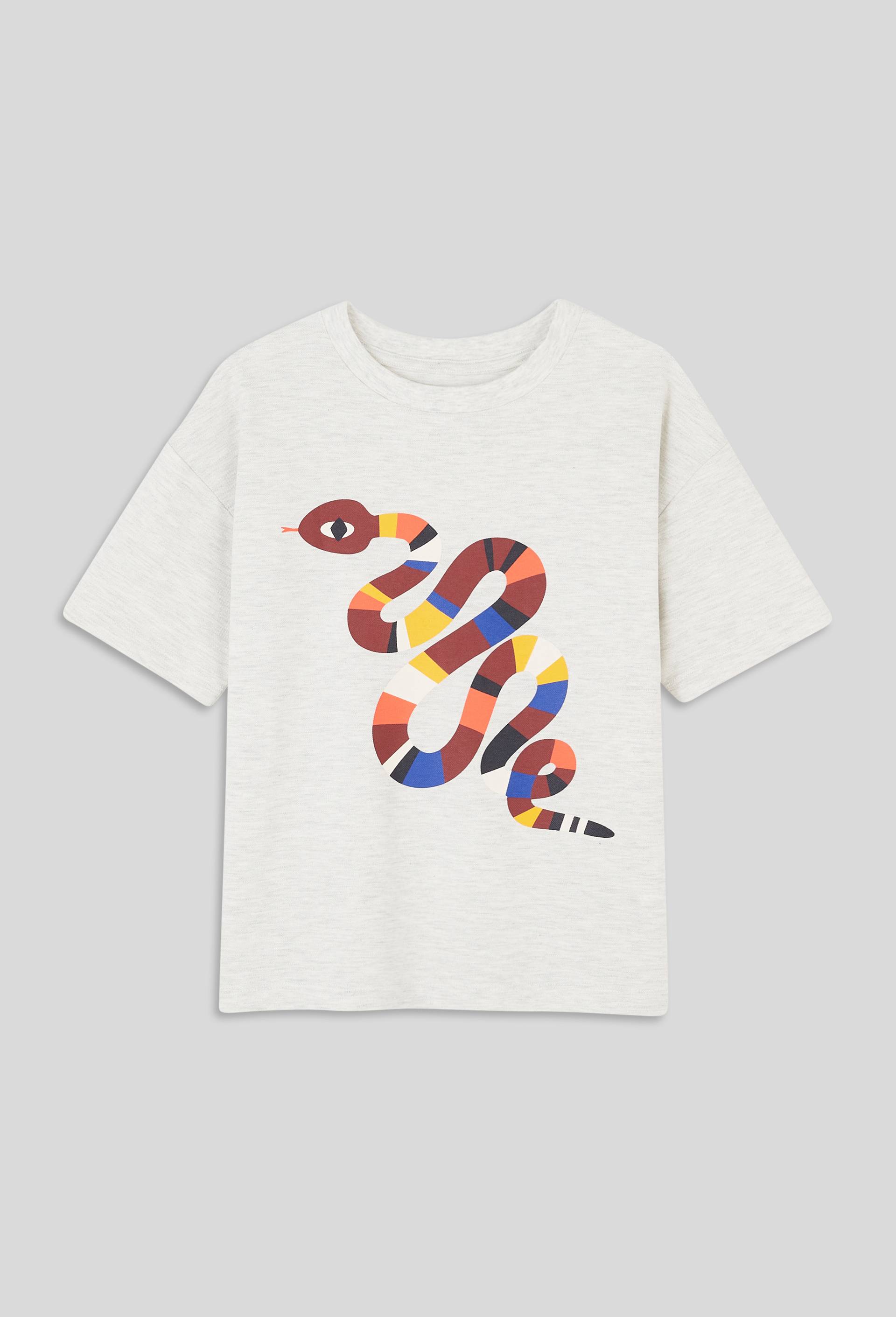 T-shirt manches courtes imprimé serpent multicolore, BIO, Ecru, large image number 0