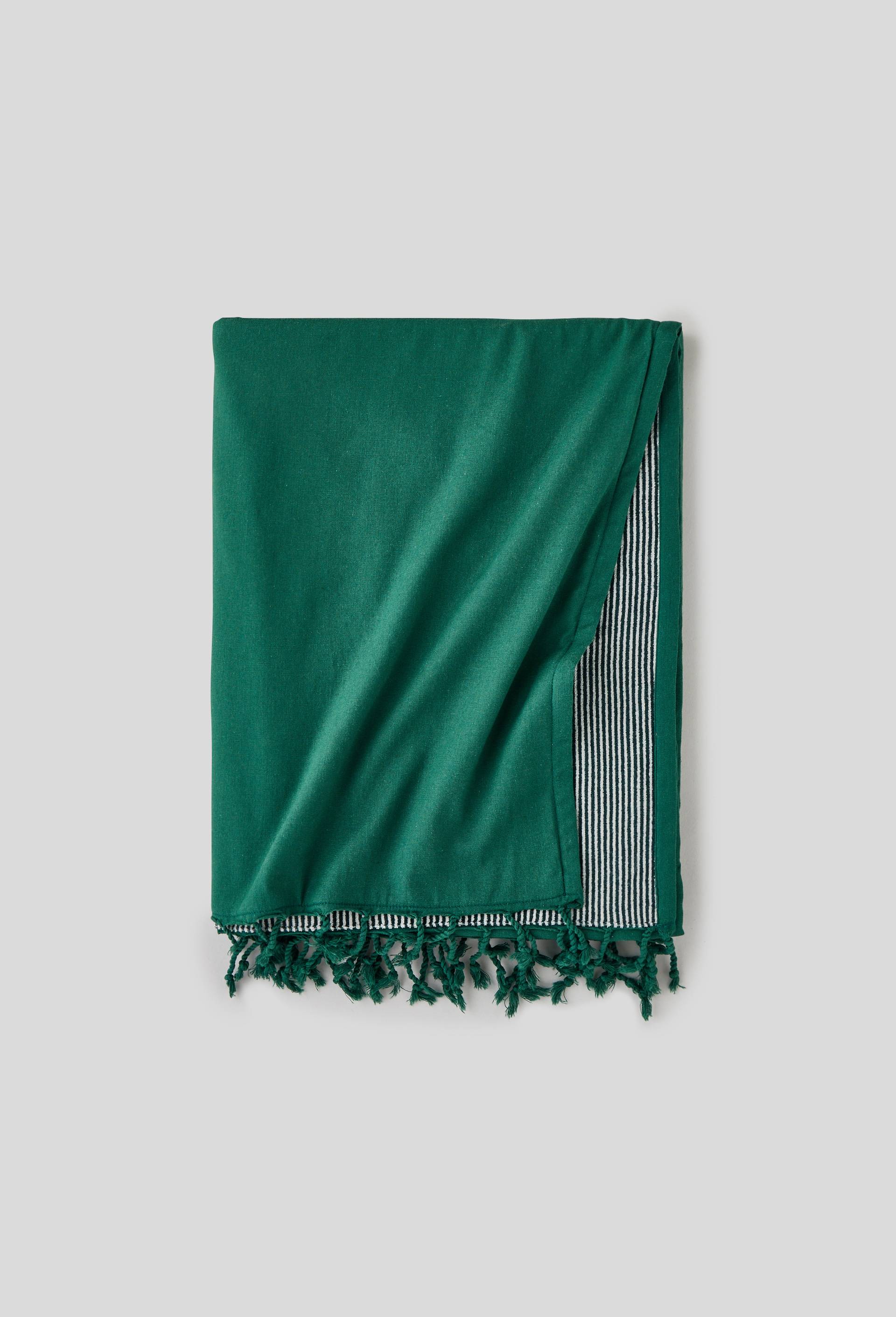 Fouta doublée rayée éponge, 100x180cm, en coton bio, Vert foncé, large image number 0