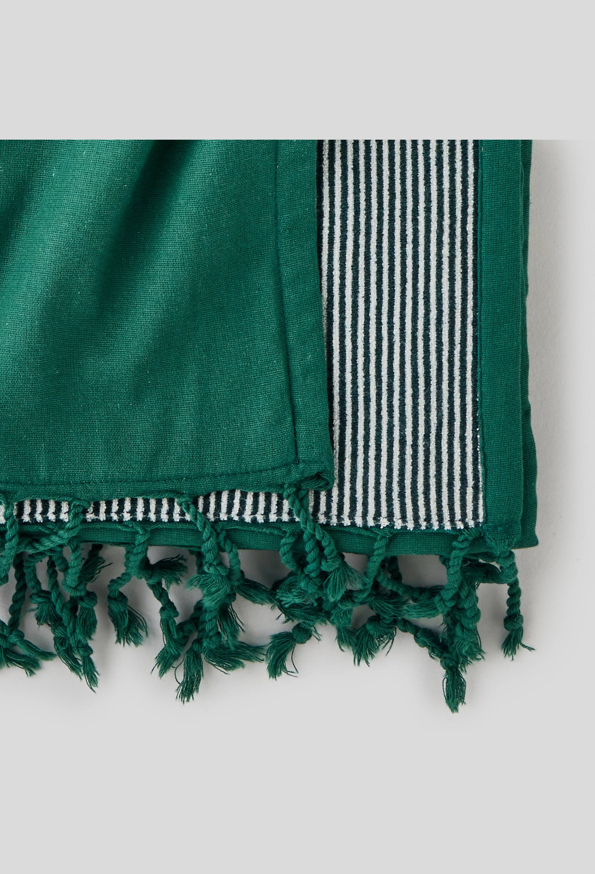 Fouta doublée rayée éponge, 100x180cm, en coton bio, Vert foncé, large image number 1