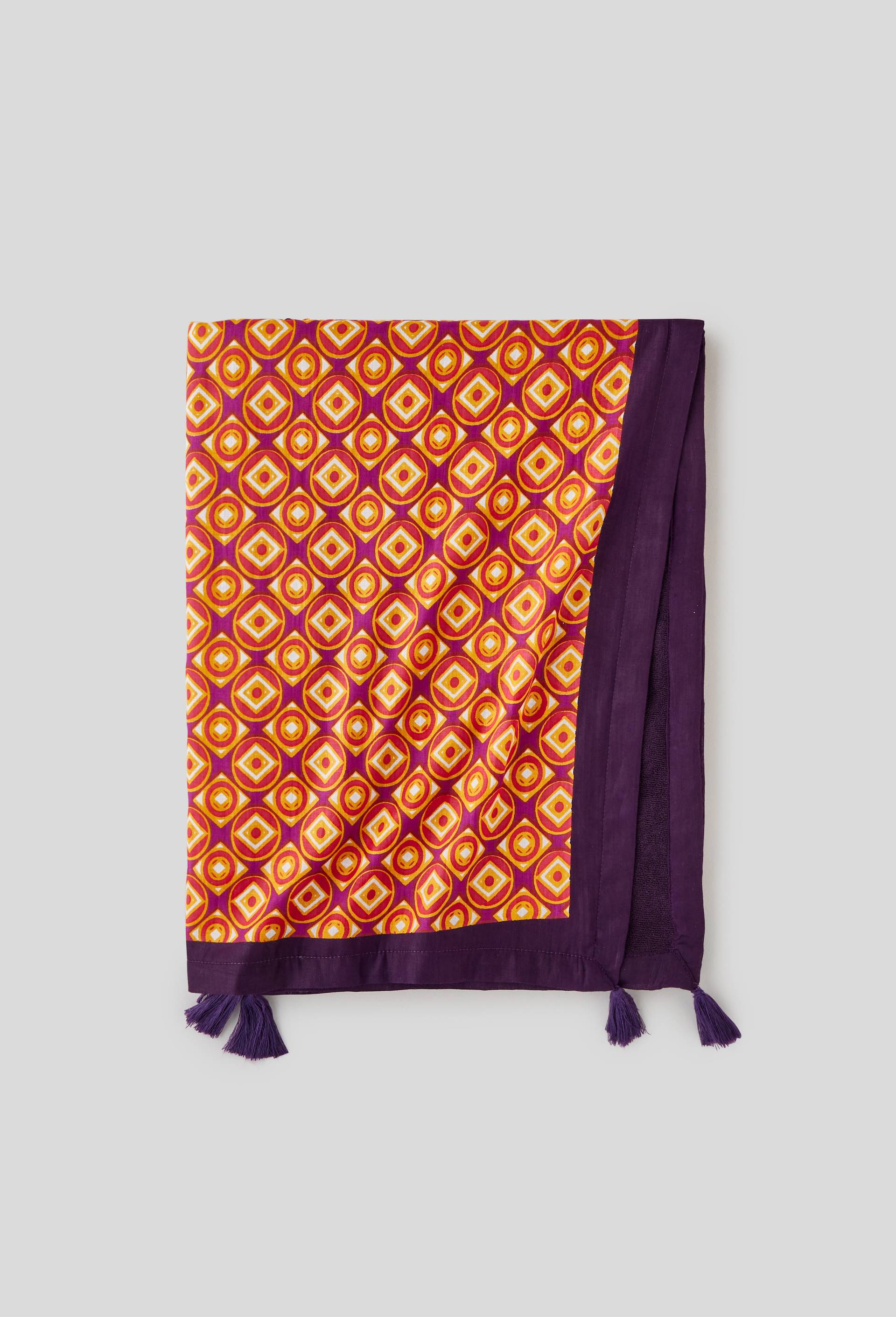 Fouta doublée imprimé géométrique 100x180cm, bio, Violet foncé, large image number 0