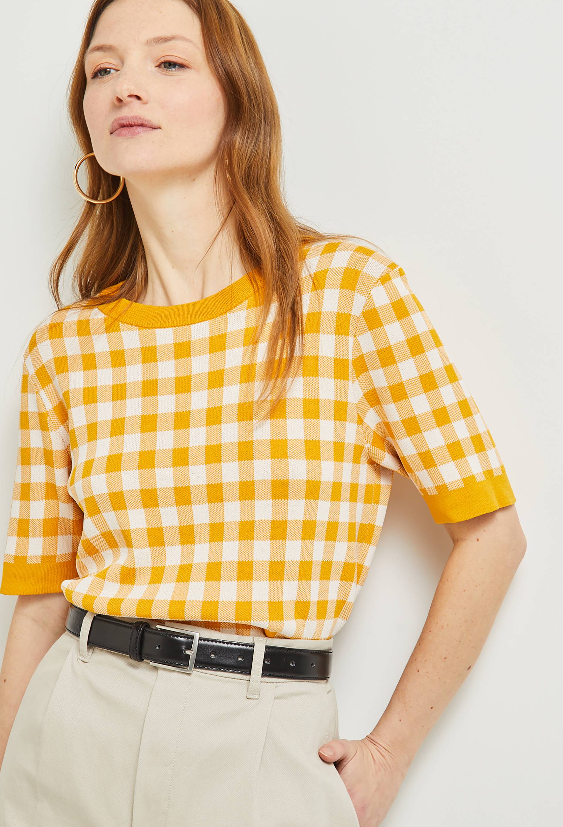 Pull manches courtes motif vichy, Jaune, large image number 1.0