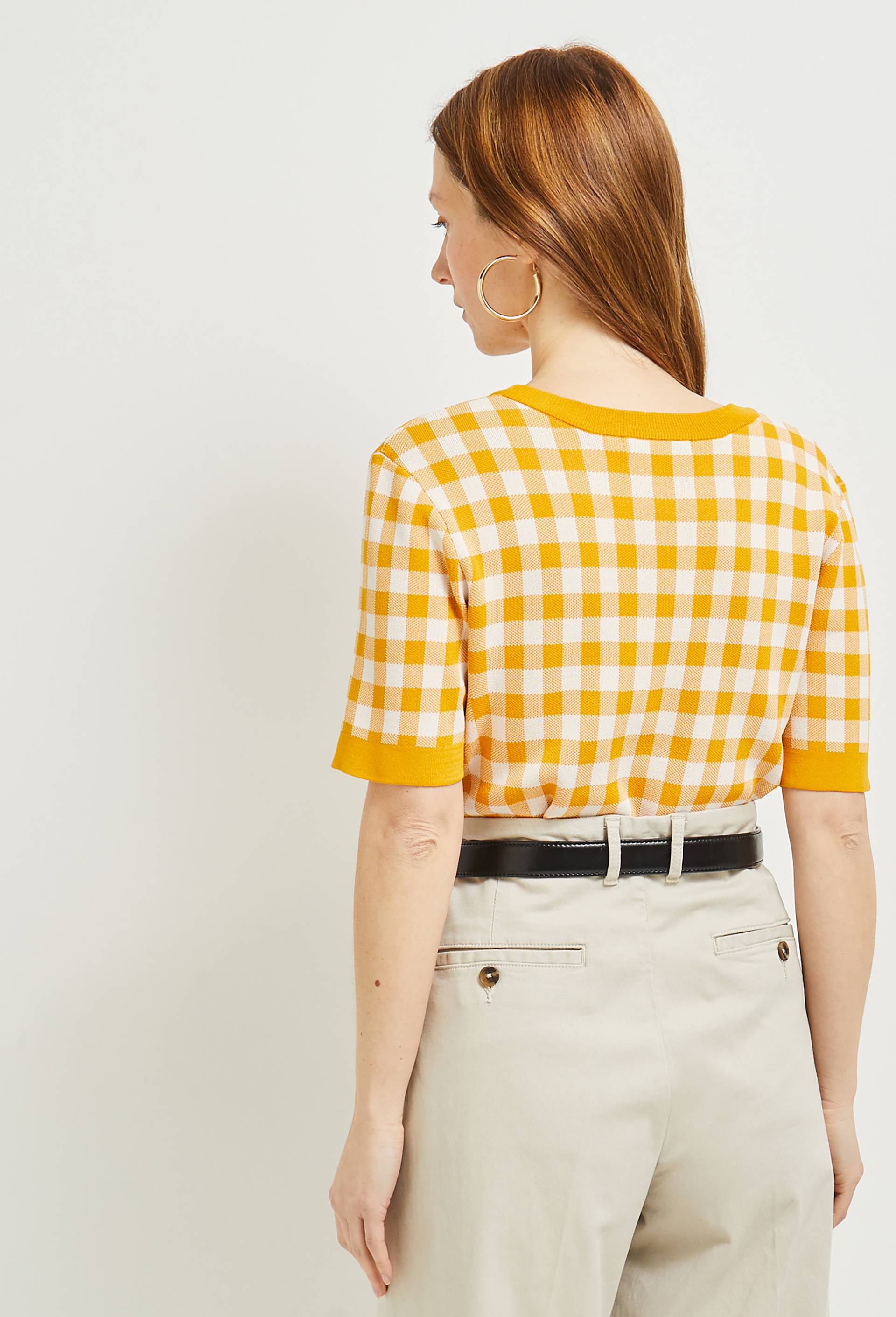 Pull manches courtes motif vichy, Jaune, large image number 2