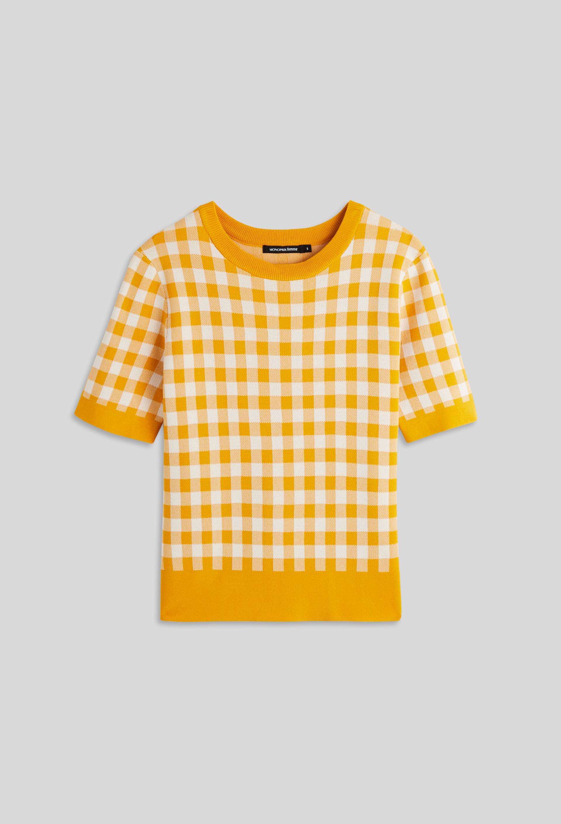 Pull manches courtes motif vichy, Jaune, large image number 3.0
