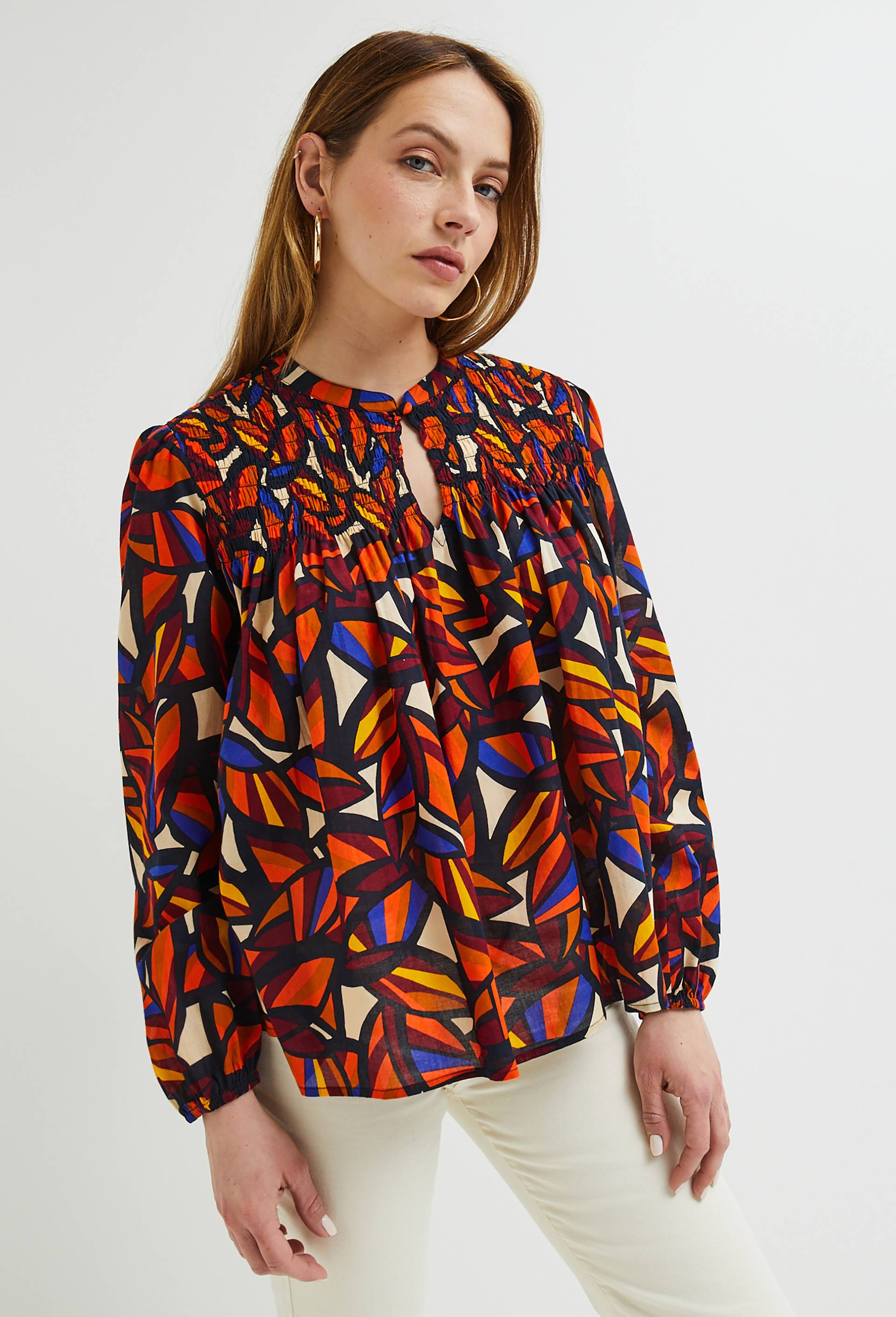 Top imprimé détail smock, Coton BIO, Rouge foncé, large image number 1.0