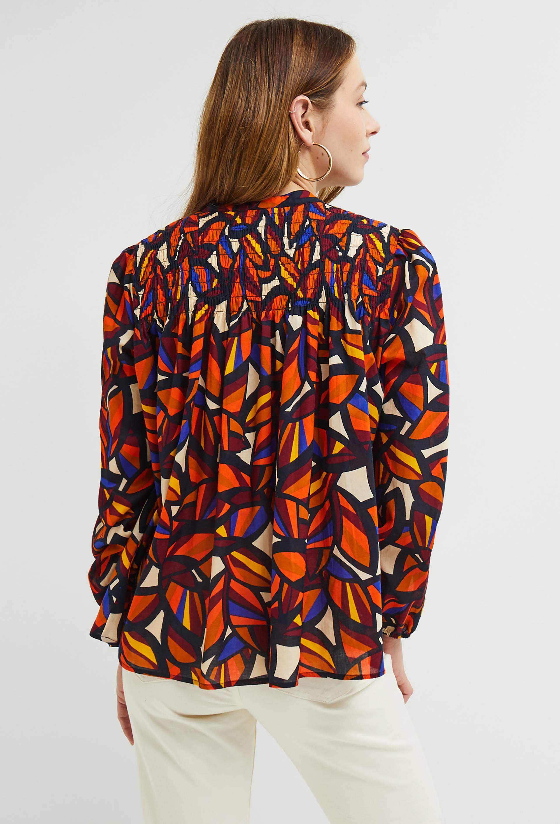 Top imprimé détail smock, Coton BIO, Rouge foncé, large image number 2