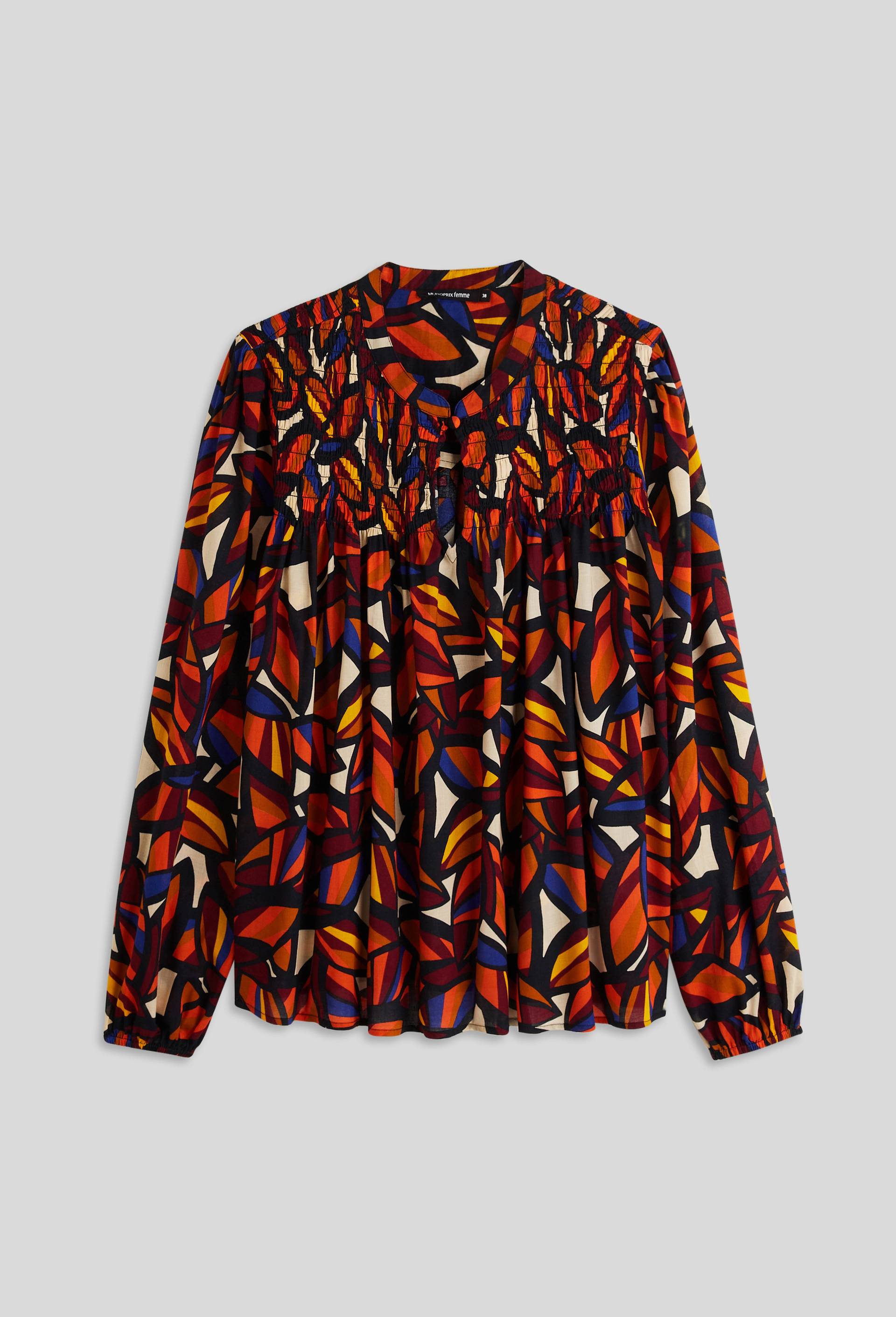 Top imprimé détail smock, Coton BIO, Rouge foncé, large image number 4