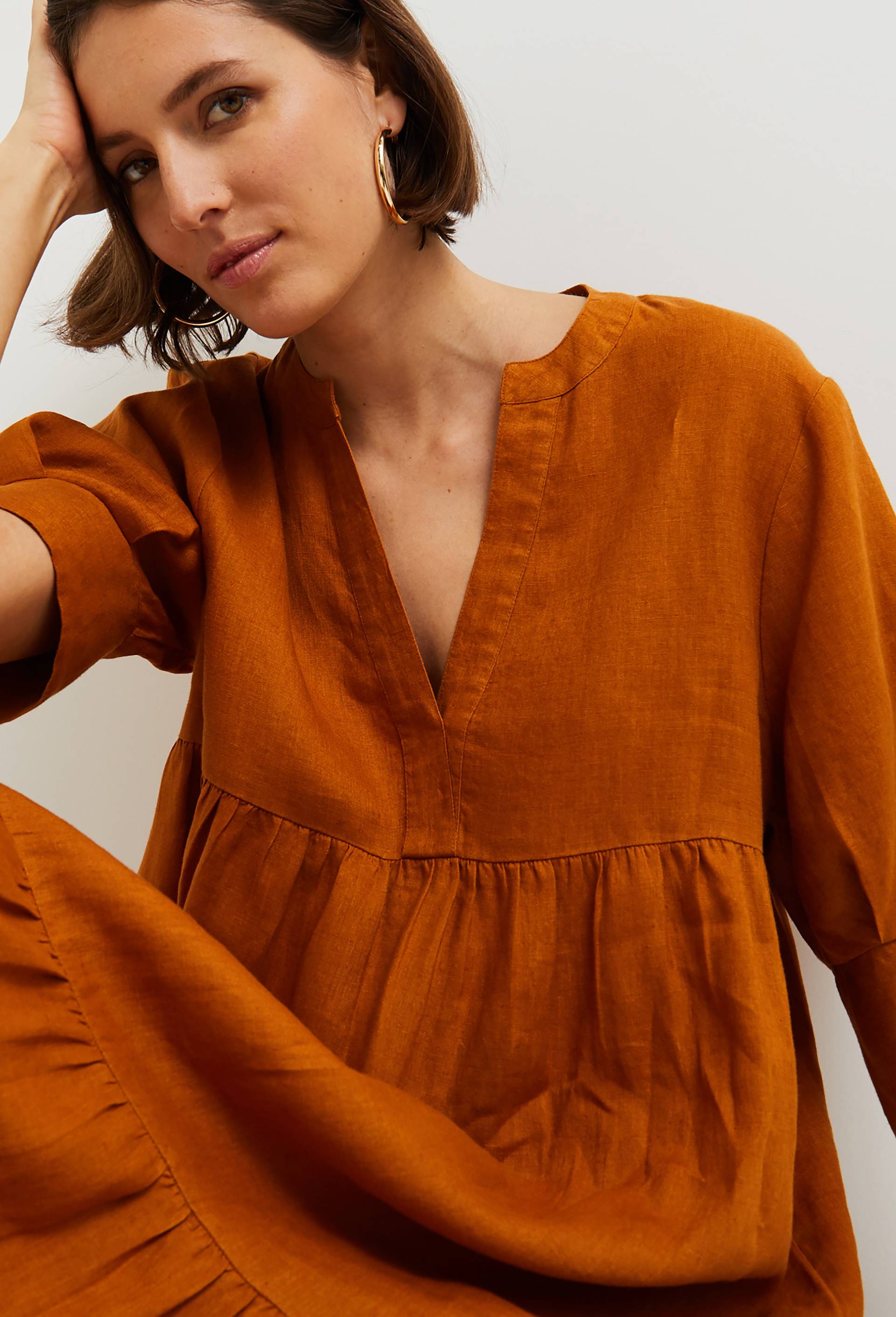 Robe midi ample unie en lin, Brun clair, large image number 0
