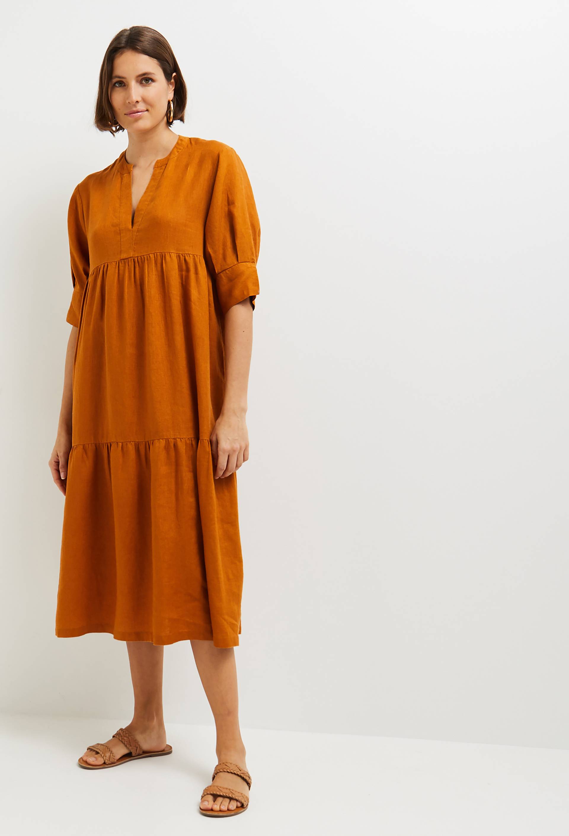 Robe midi ample unie en lin, Brun clair, large image number 1