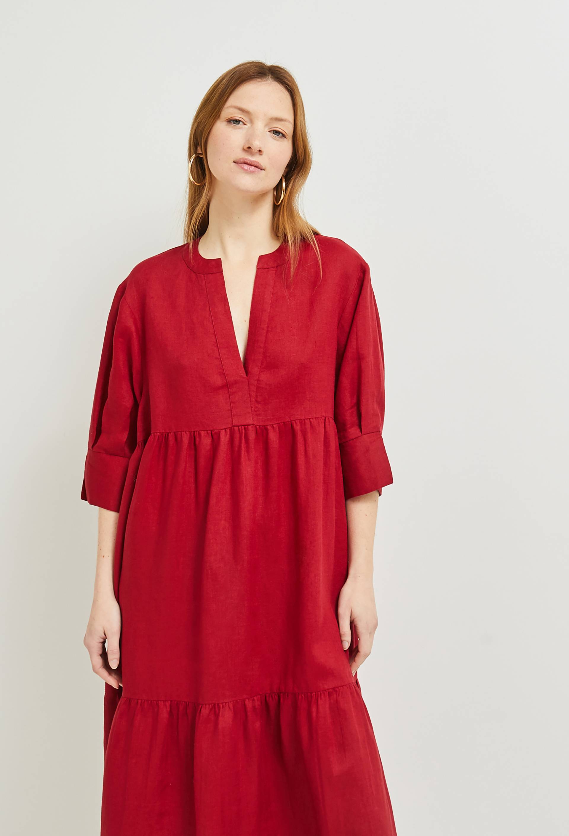 Robe midi ample unie en lin, Rouge foncé, large image number 0