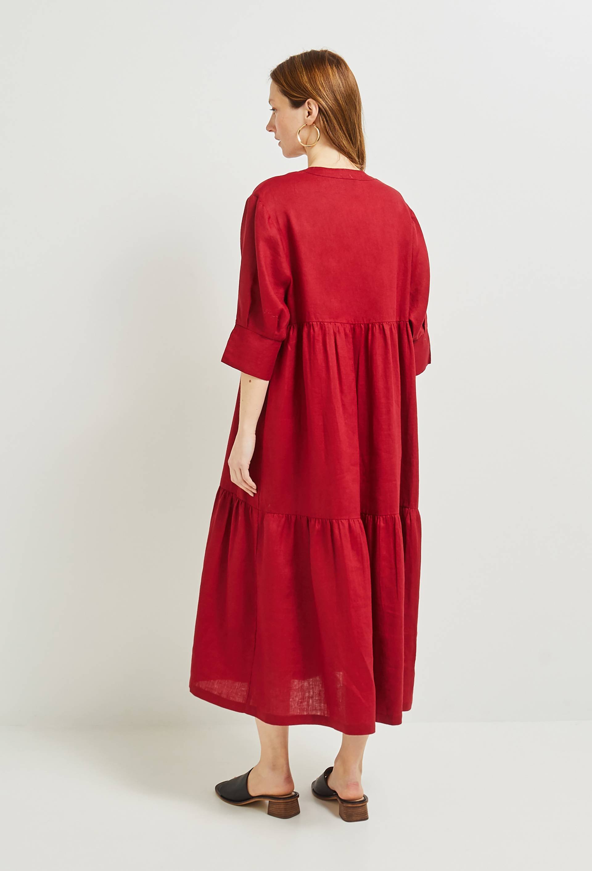 Robe midi ample unie en lin, Rouge foncé, large image number 1