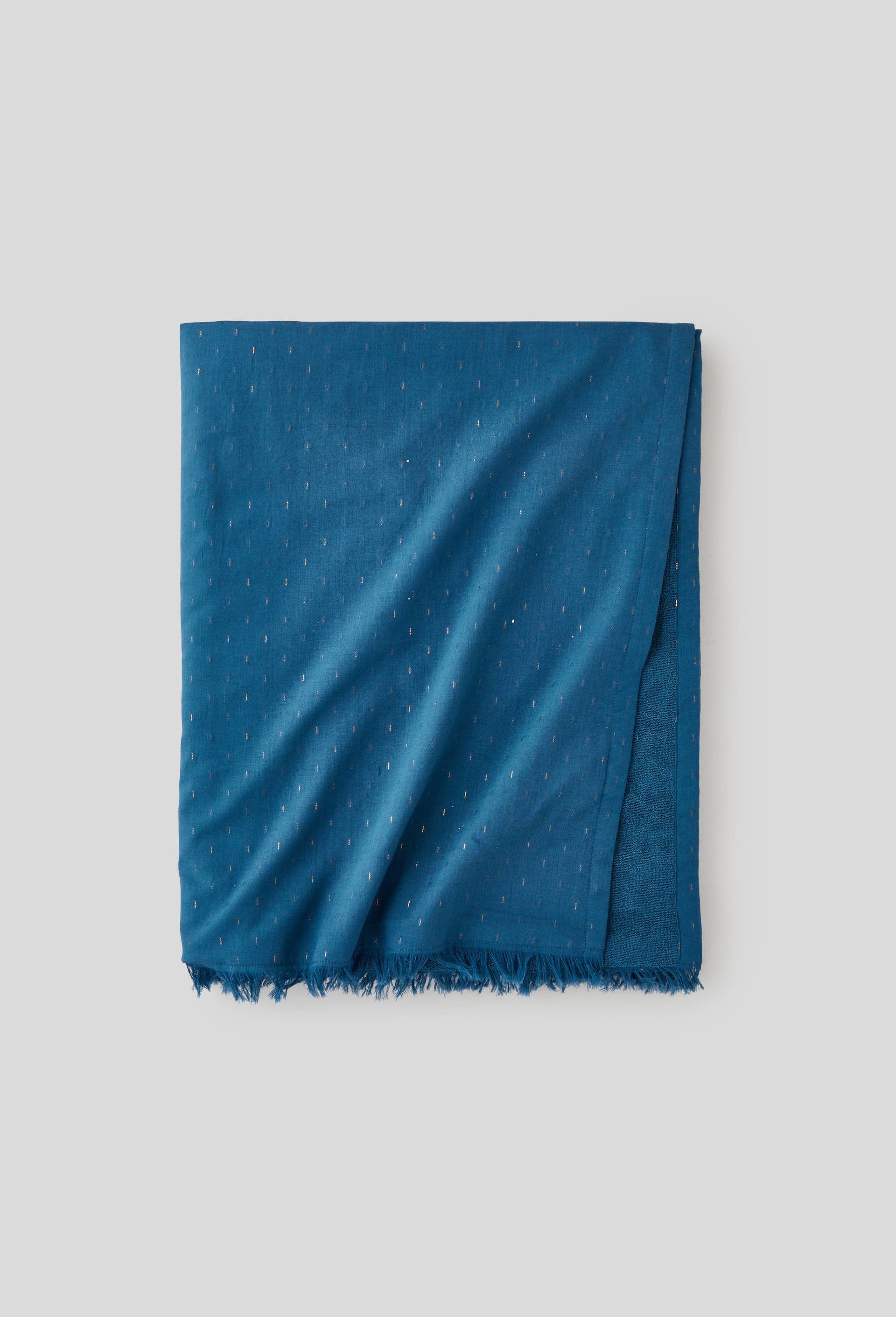 Fouta lurex doublée éponge avec finition pompons, 100x180cm, en coton bio, BLEU, large image number 0.0