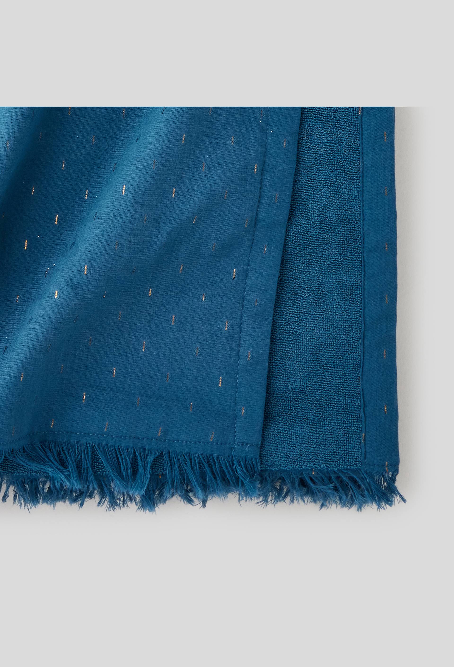 Fouta lurex doublée éponge avec finition pompons, 100x180cm, en coton bio, BLEU, large image number 1.0
