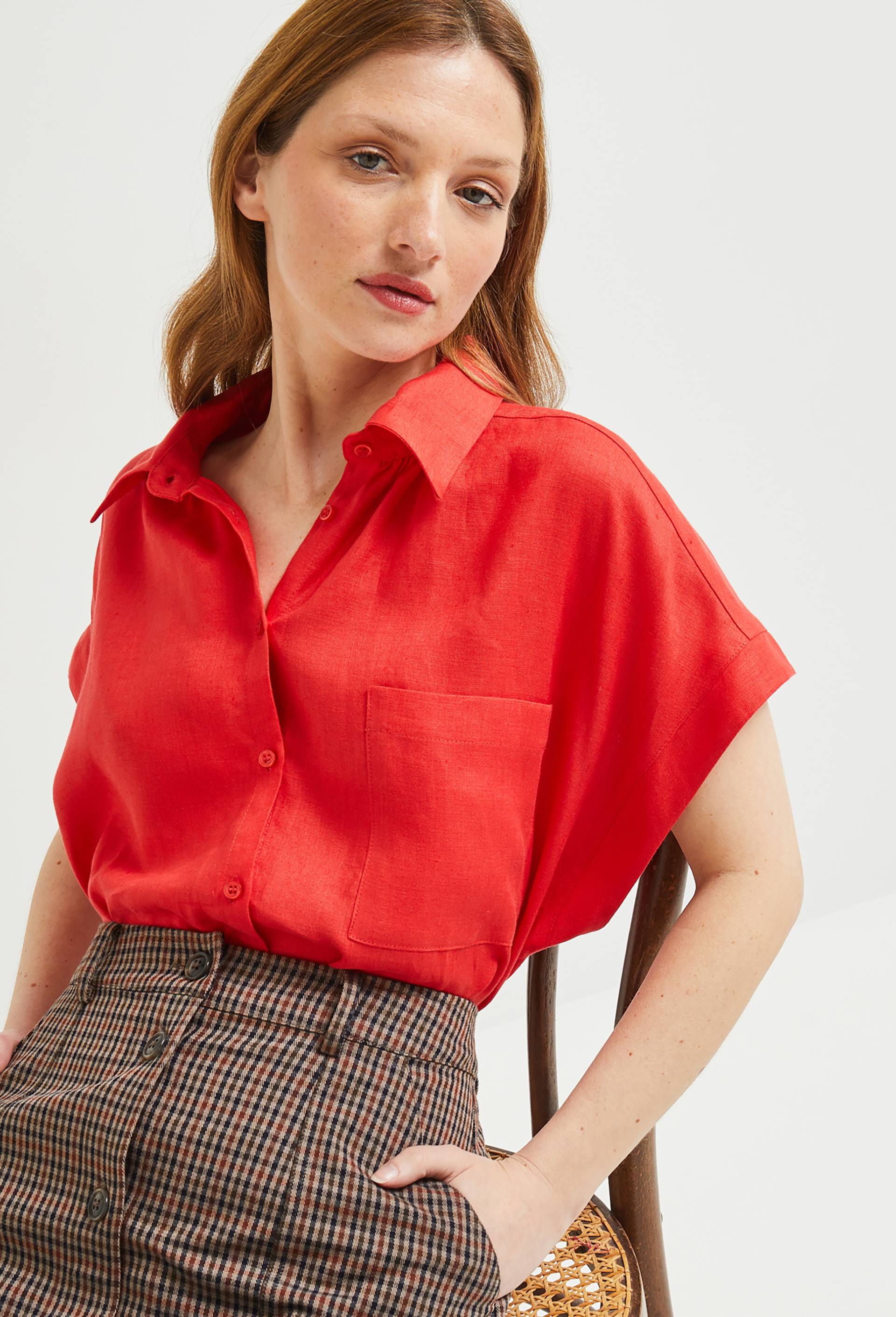 Chemise manches courtes en lin, European Flax, Rouge, large image number 0.0