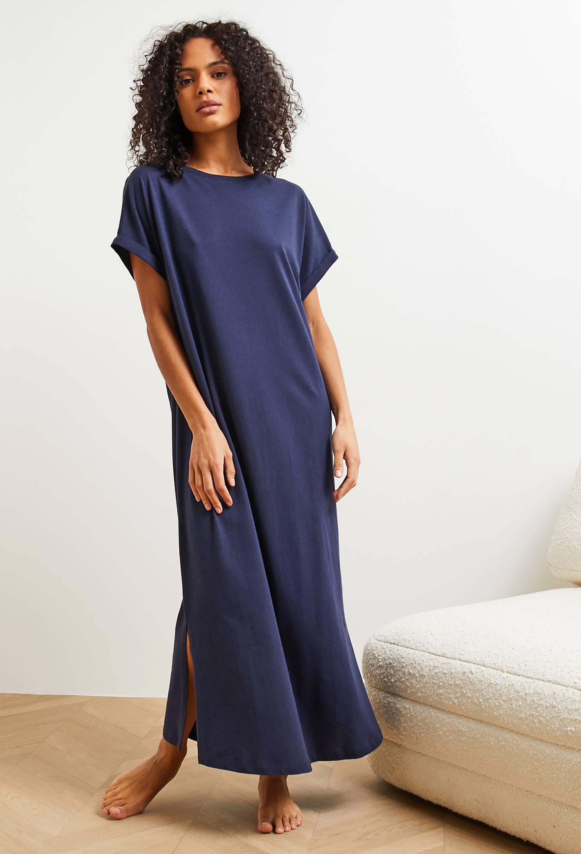 Chemise de nuit longue en coton et lin, Bio, Bleu foncé, large image number 0