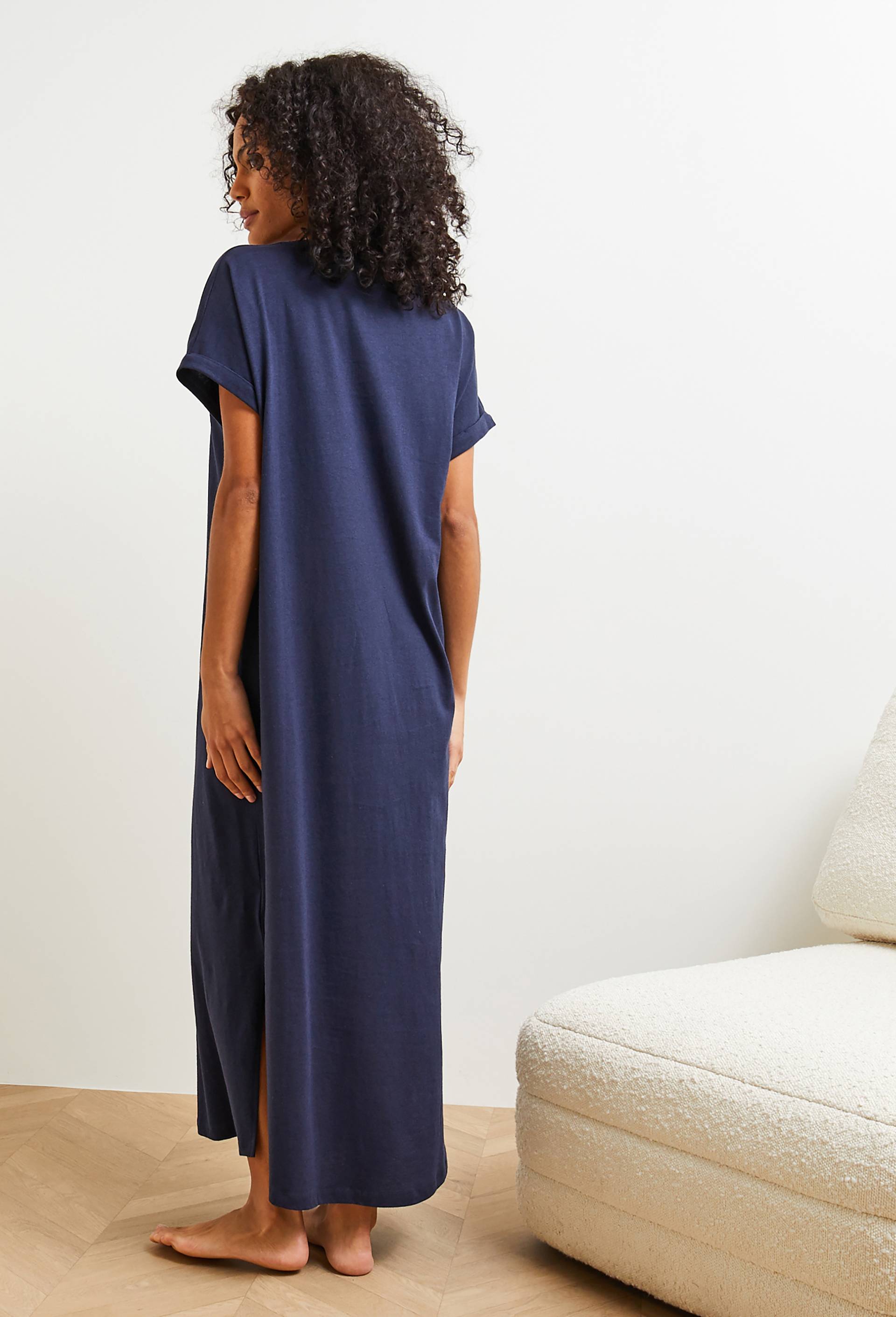 Chemise de nuit longue en coton et lin, Bio, Bleu foncé, large image number 1