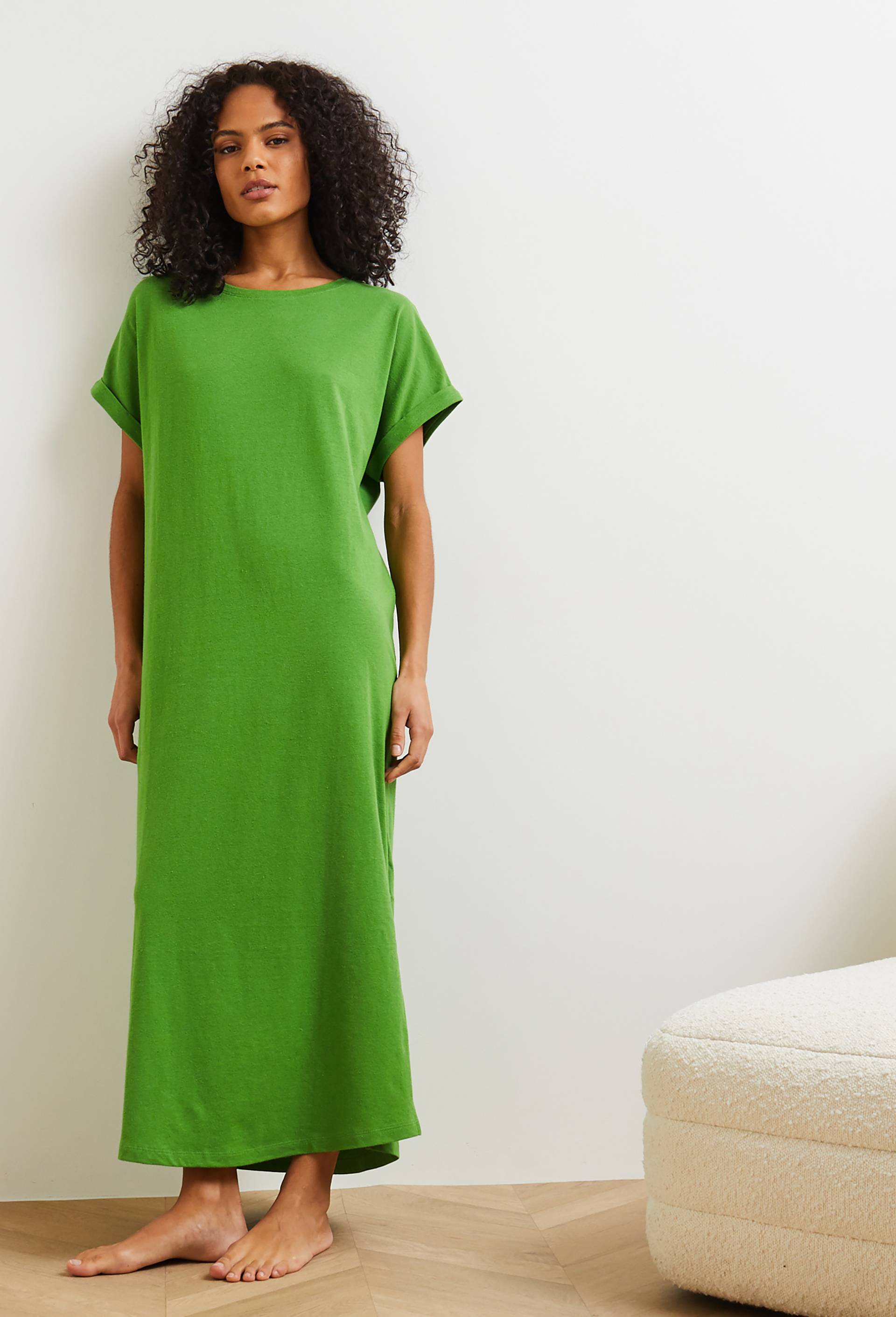 Chemise de nuit longue en coton et lin, Bio, Vert, large image number 0