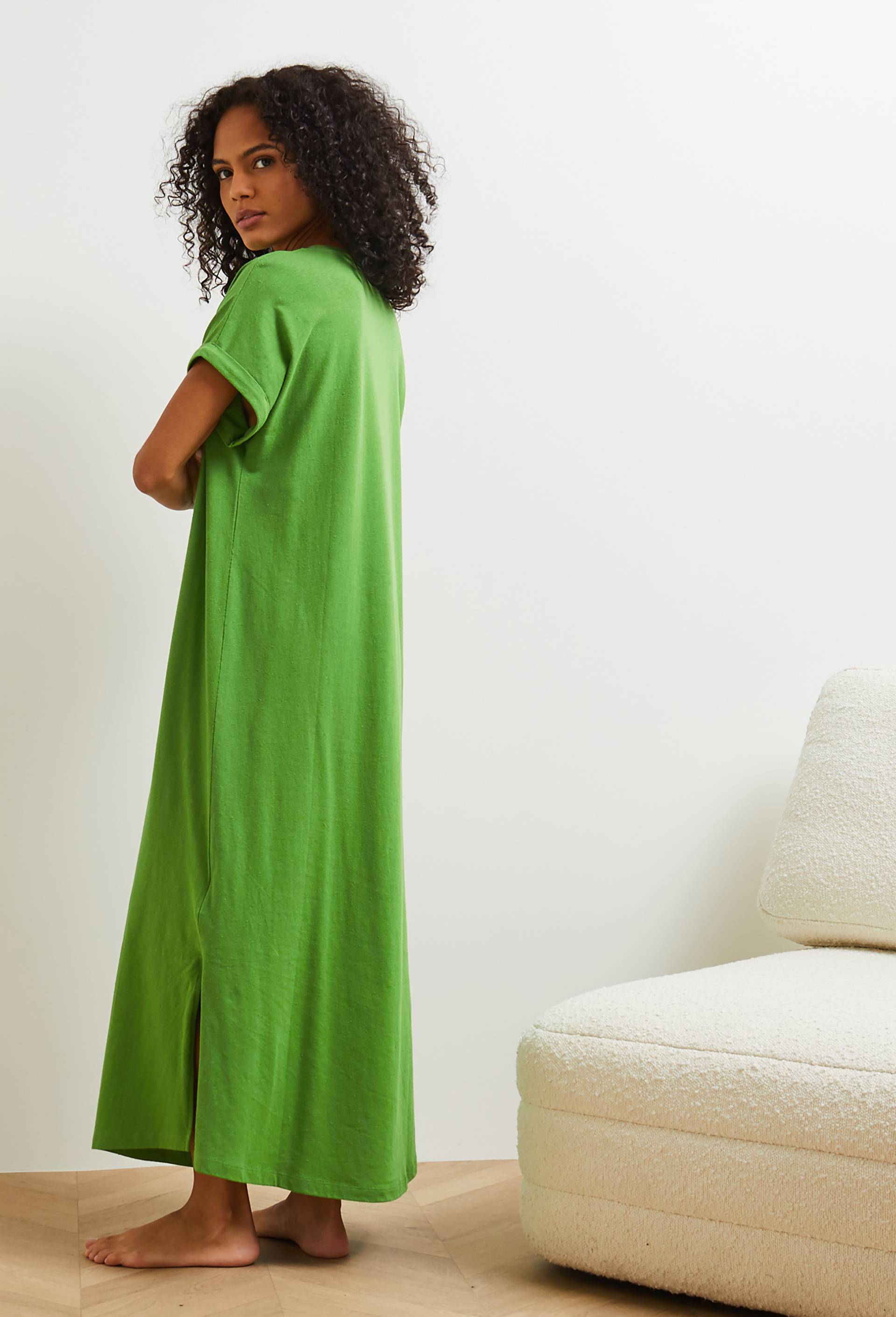 Chemise de nuit longue en coton et lin, Bio, Vert, large image number 1.0