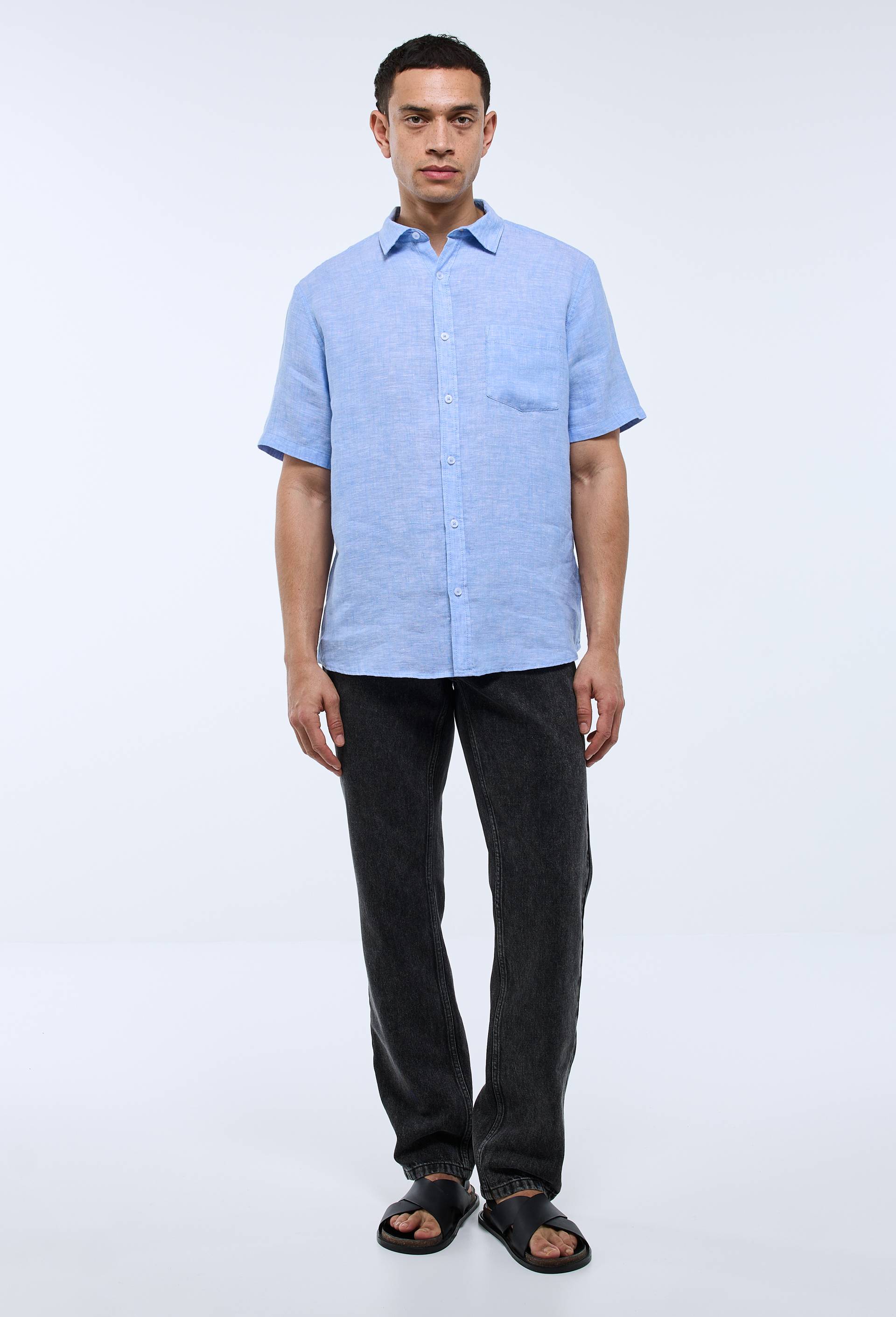 Chemise manches courtes en lin, Bleu, large image number 0