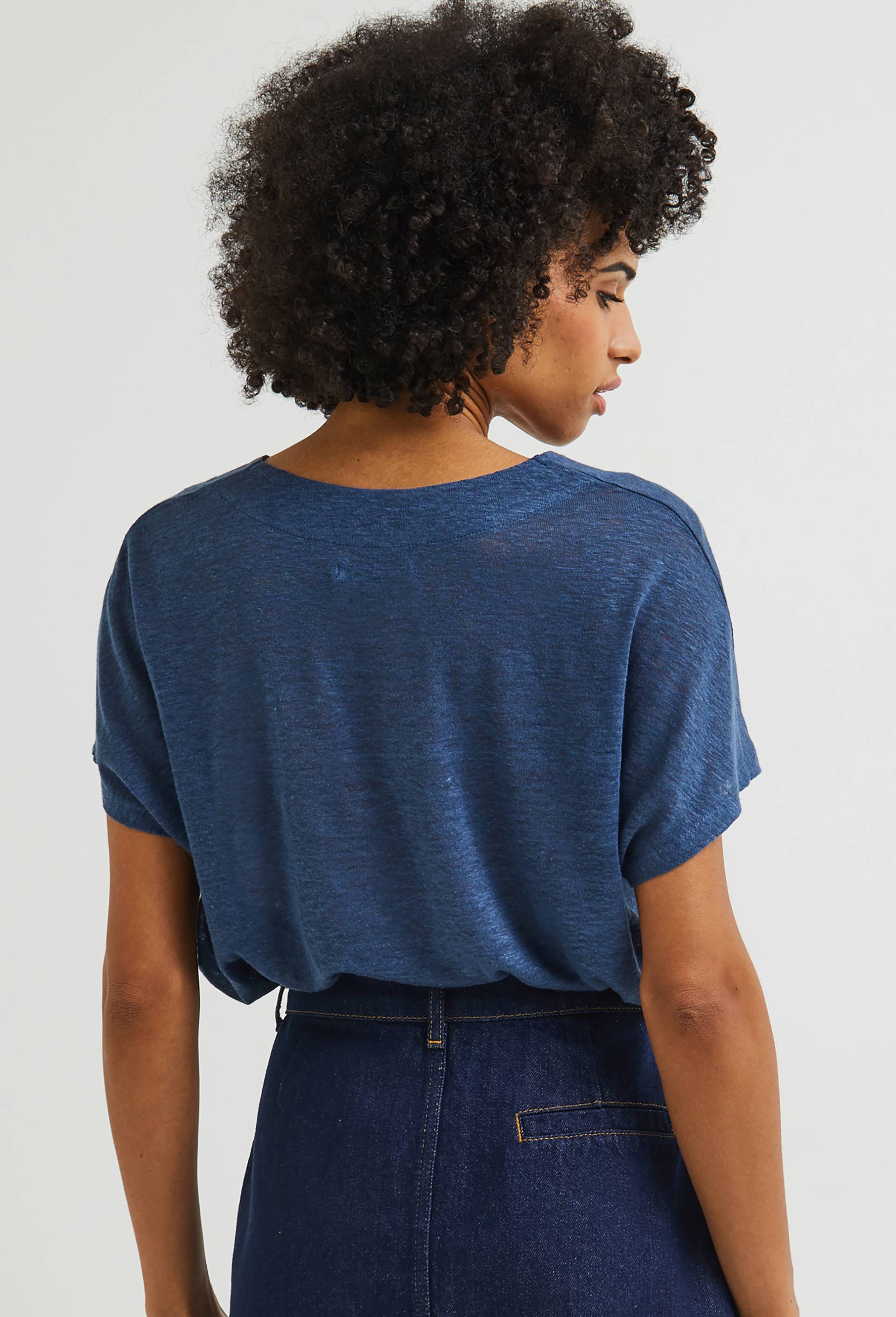 T.shirt uni en lin, Bleu foncé, large image number 1.0