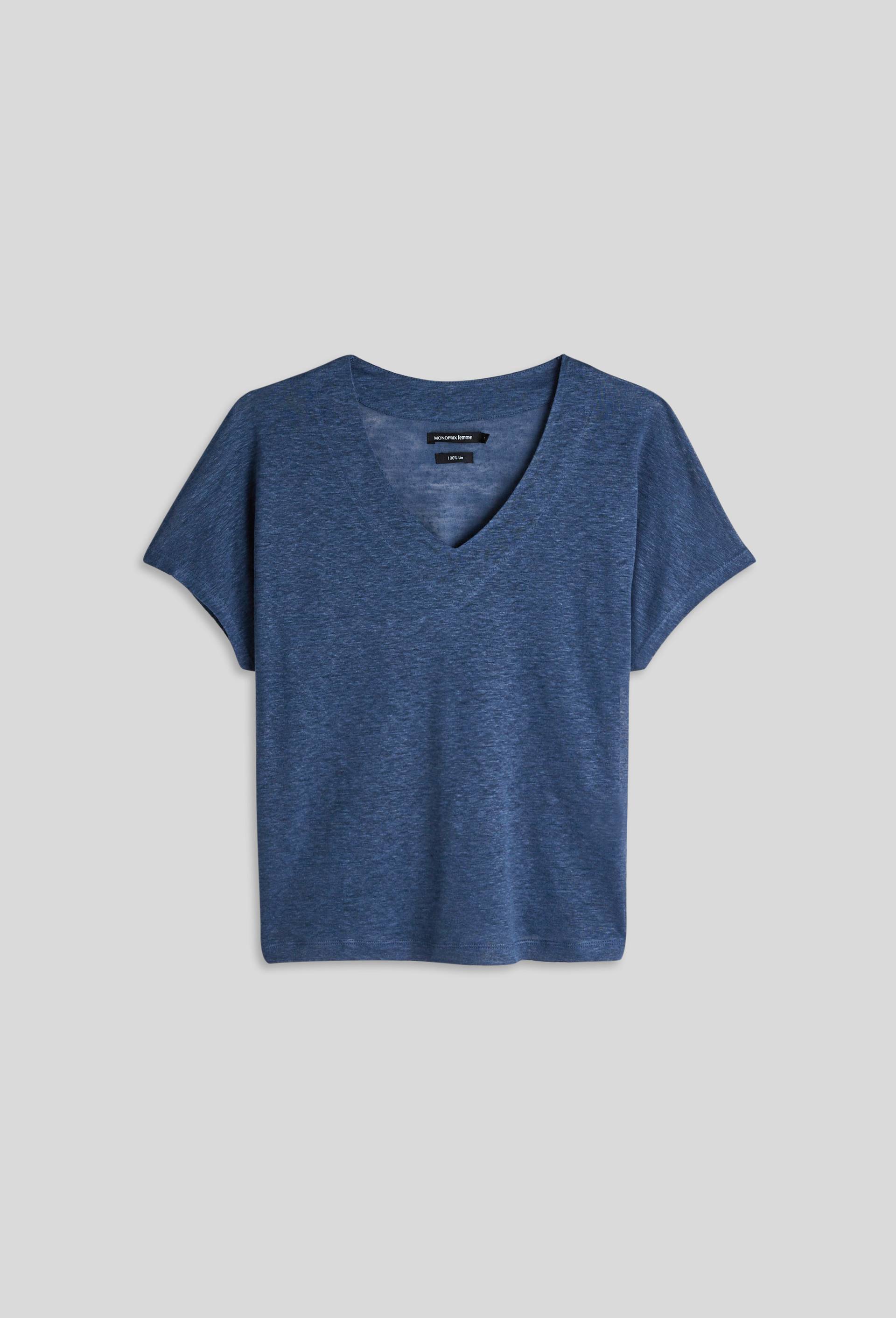 T.shirt uni en lin, Bleu foncé, large image number 2.0