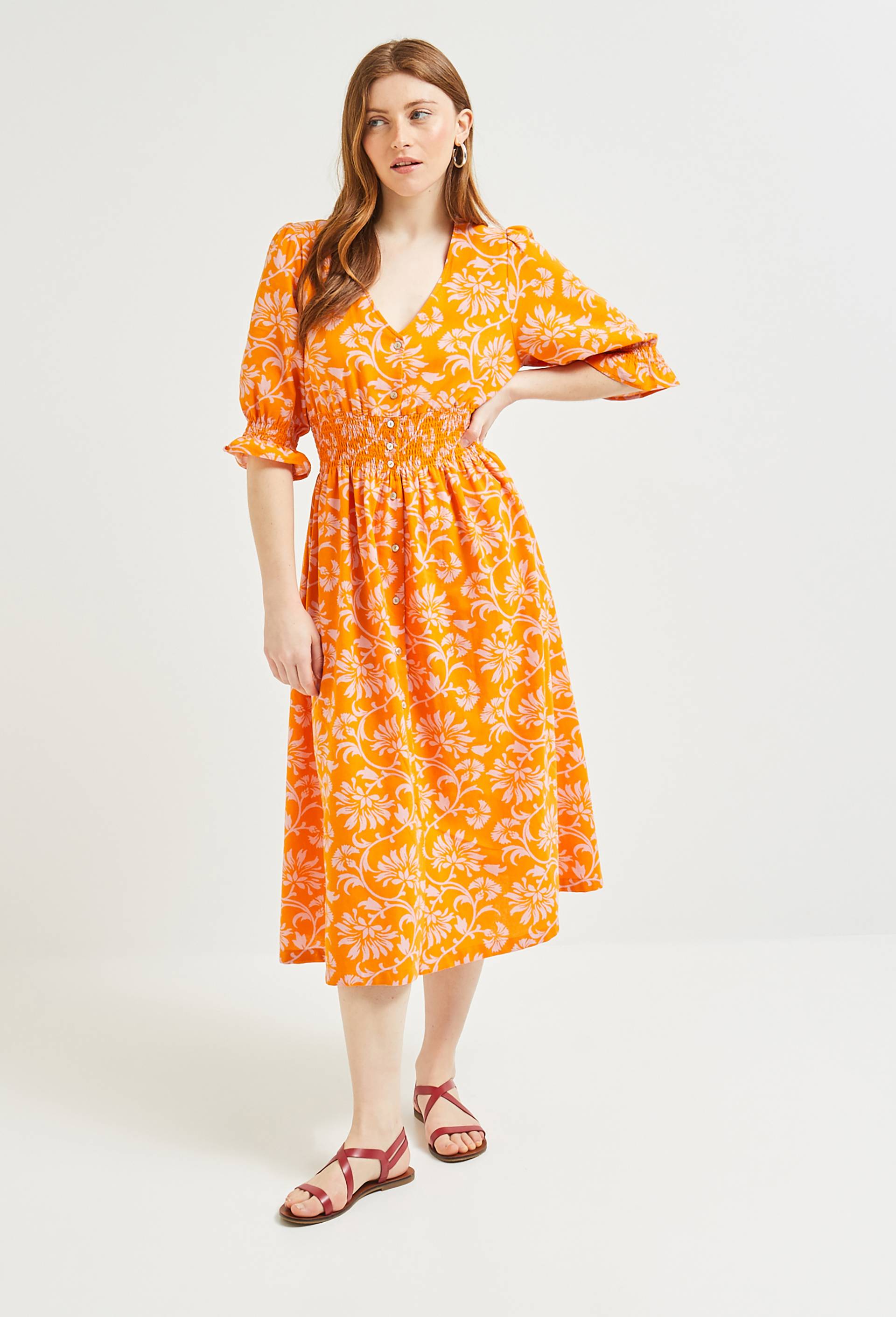 Robe cintrée ceinture smockée, Coton BIO, Orange clair, large image number 0.0