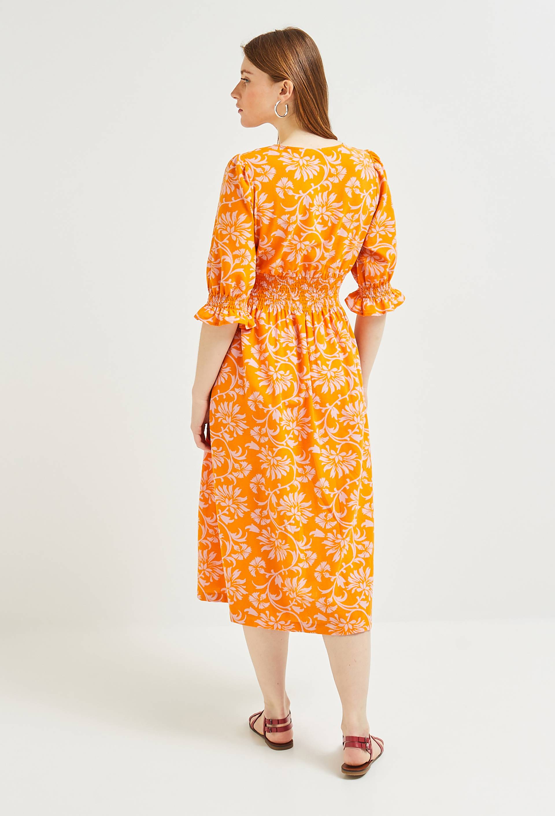 Robe cintrée ceinture smockée, Coton BIO, Orange clair, large image number 1