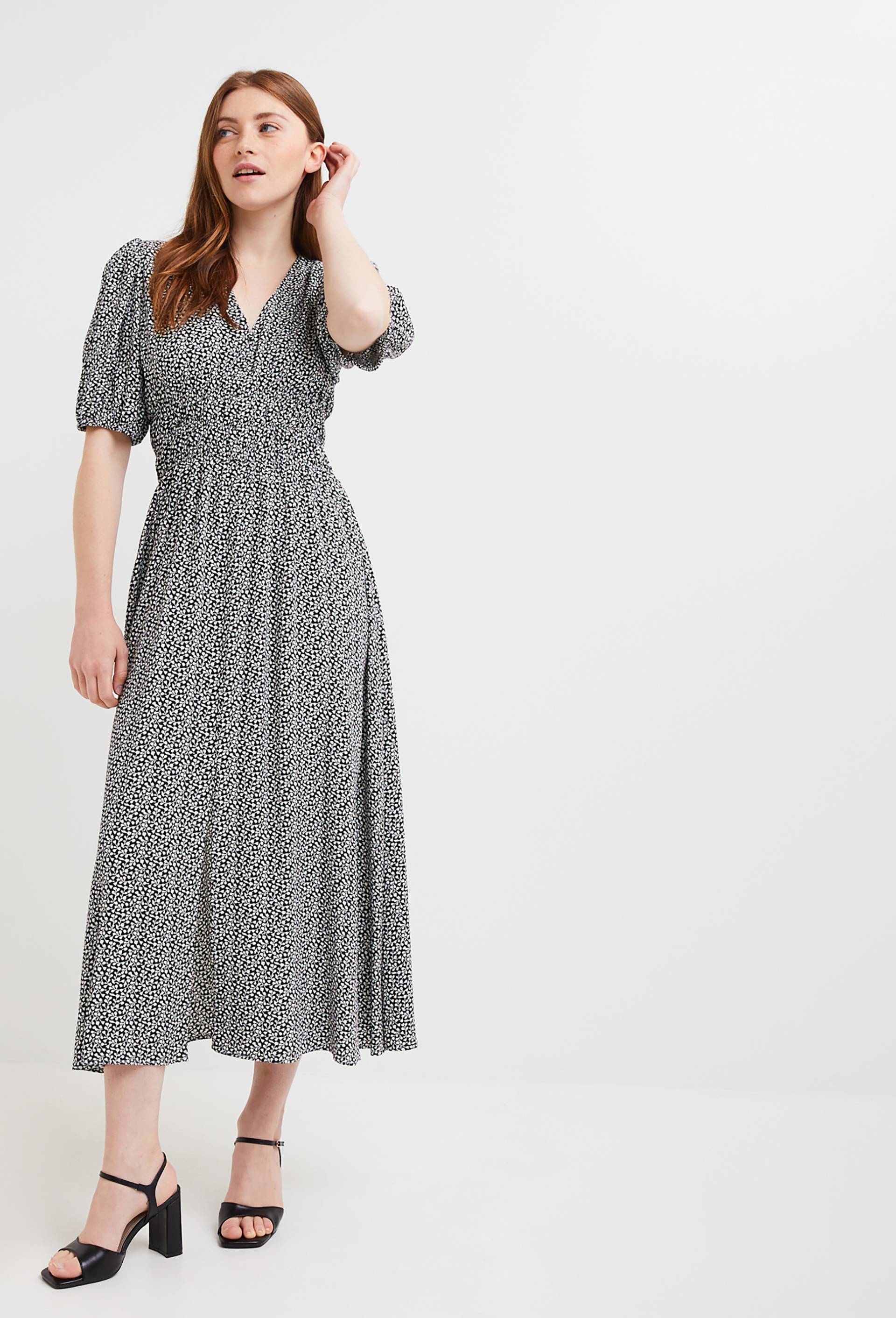 Robe midi elastiquée taille imprimée, EcoVero, Noir, large image number 1