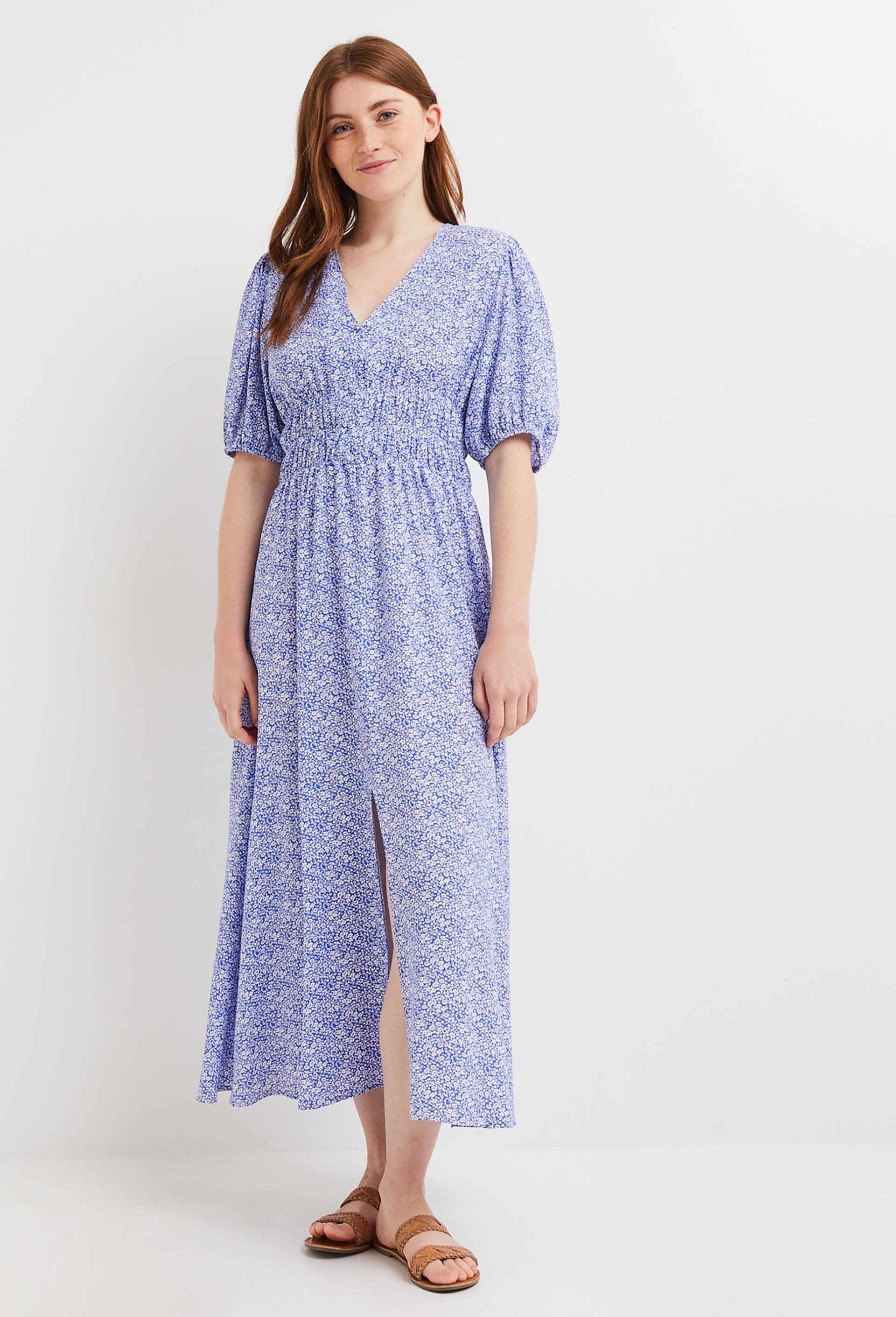 Robe midi elastiquée taille imprimée, EcoVero, Bleu, large image number 0