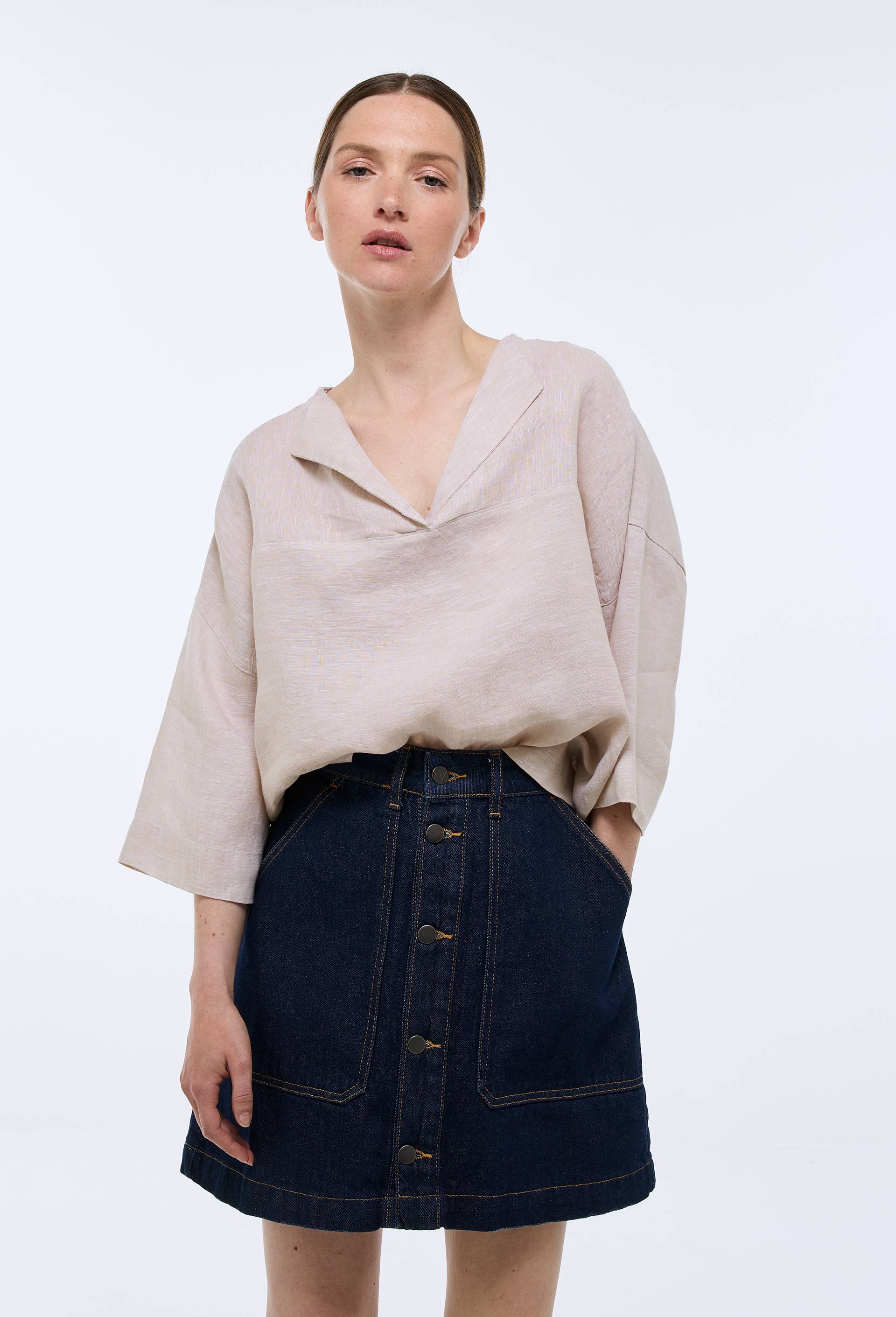 Top manches trois quarts uni en lin, Beige clair, large image number 0