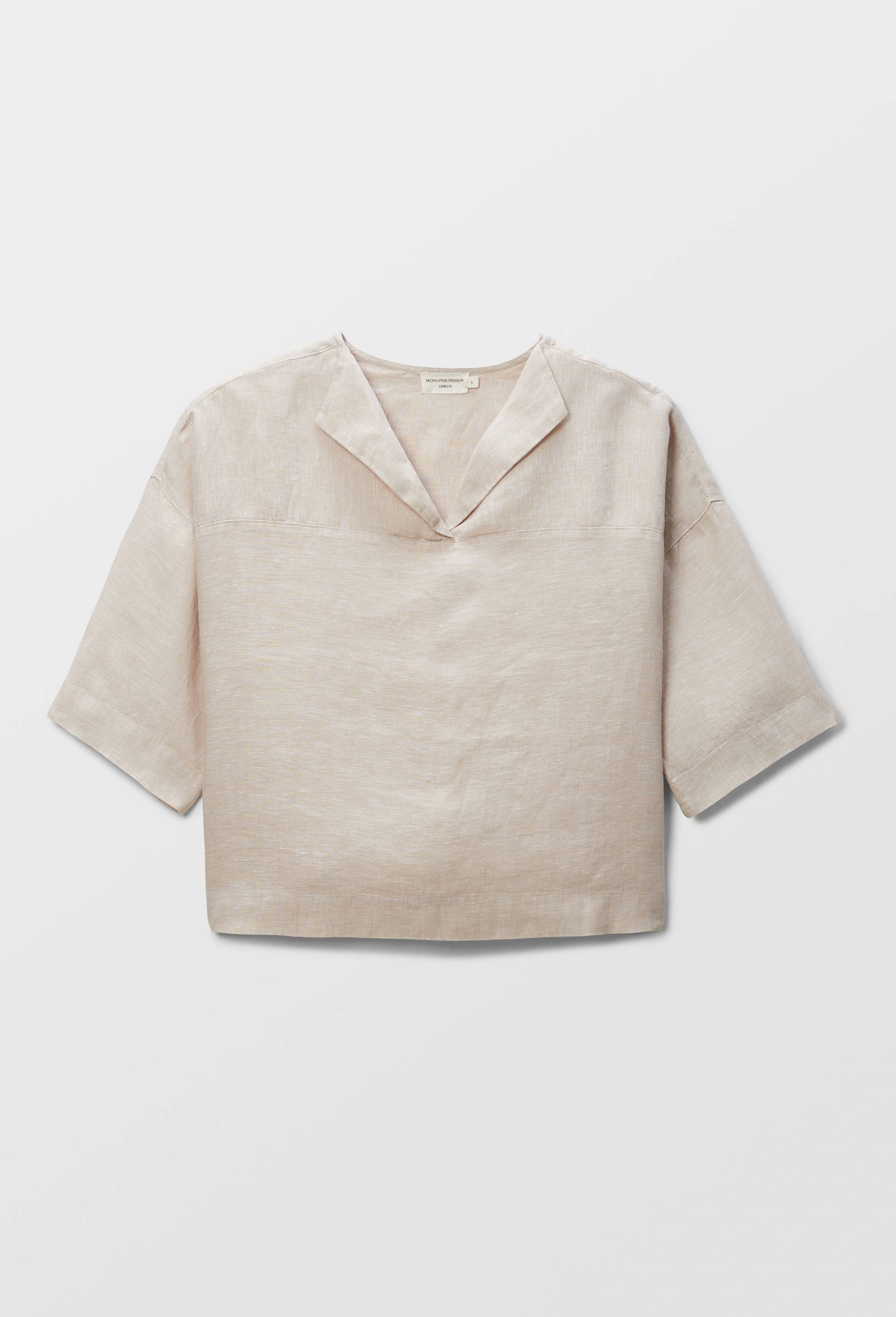 Top manches trois quarts uni en lin, Beige clair, large image number 2