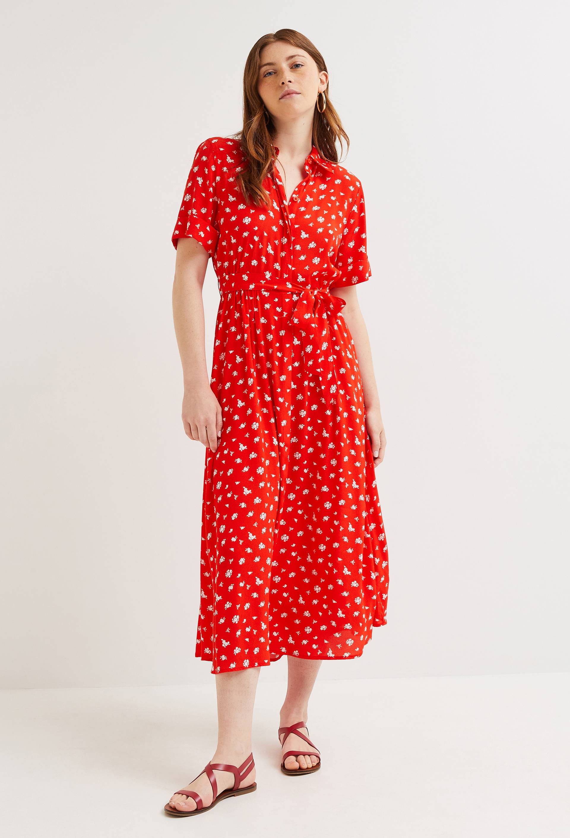 Robe chemise midi imprimée, EcoVero, Orange, large image number 0.0
