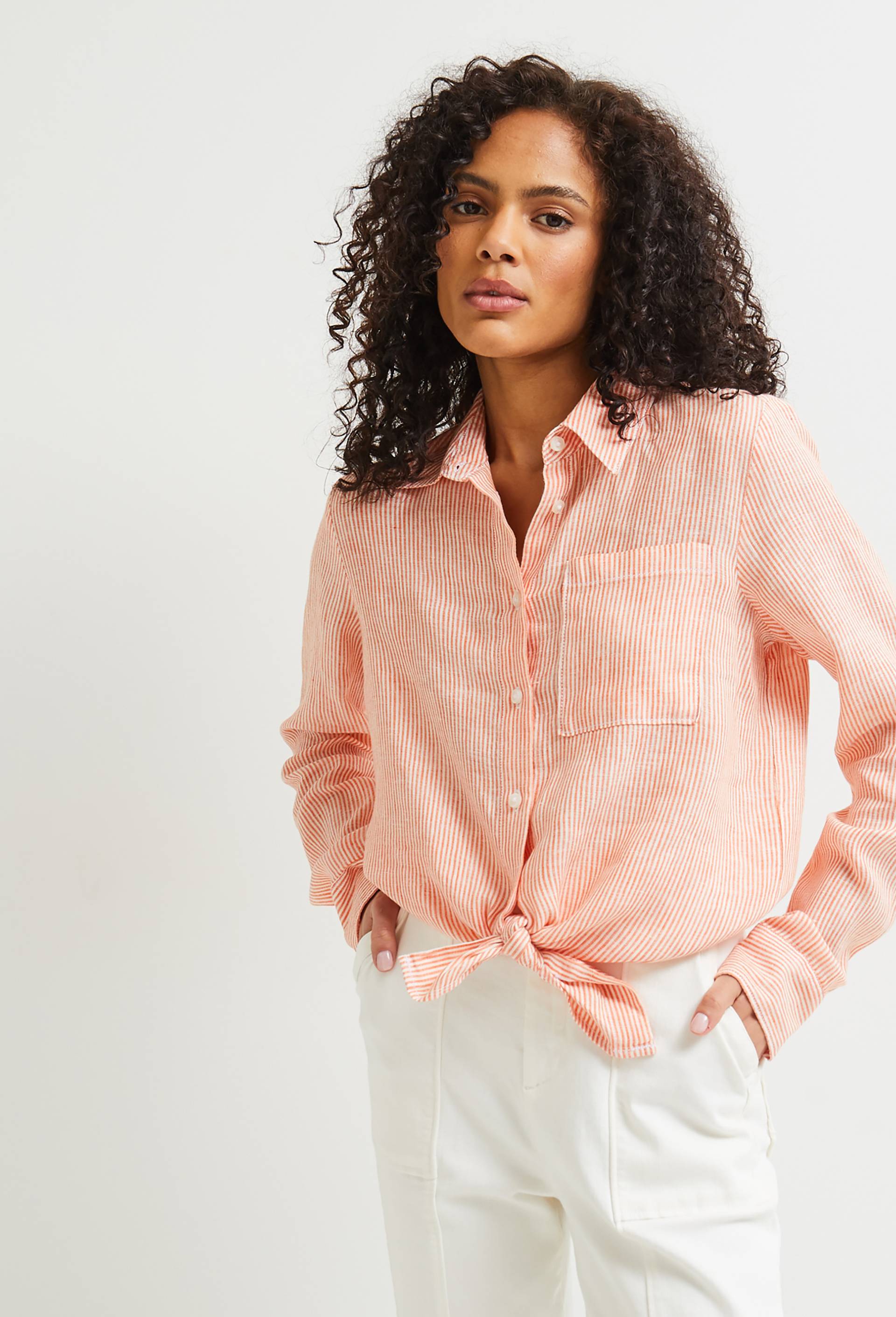 Chemise en lin rayée,  certifié European flax, Orange, large image number 0