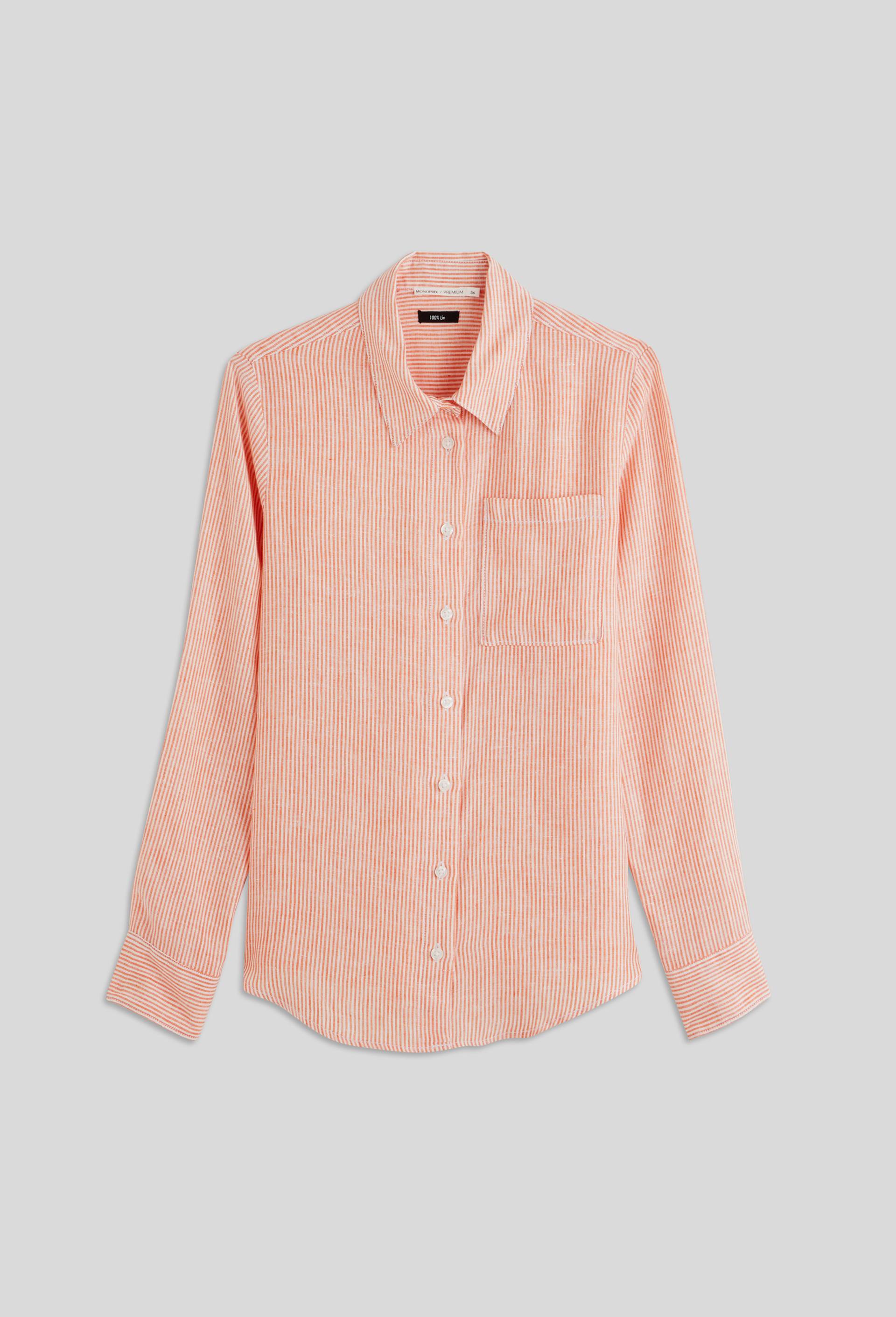 Chemise en lin rayée,  certifié European flax, Orange, large image number 2