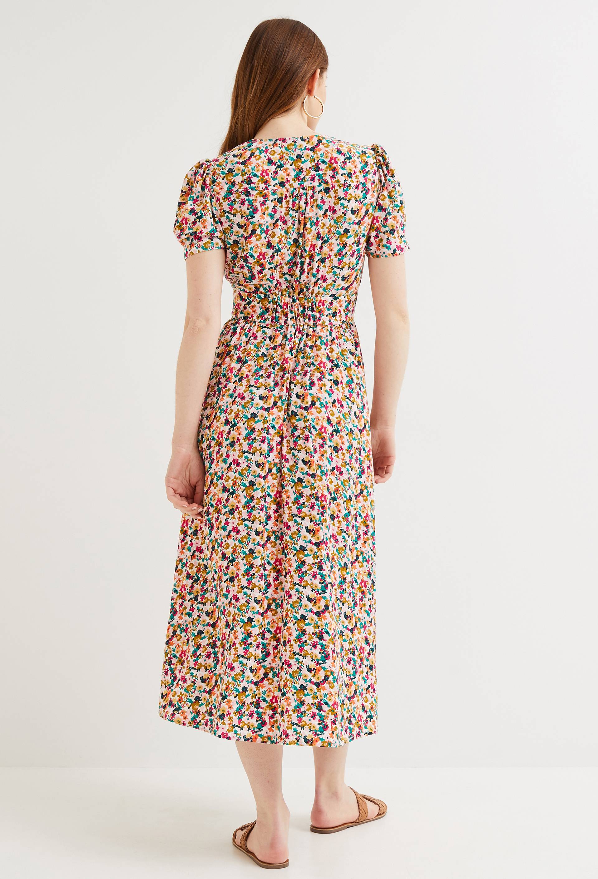 Robe midi cintrée imprimée, certifiée EcoVero, Ecru, large image number 1