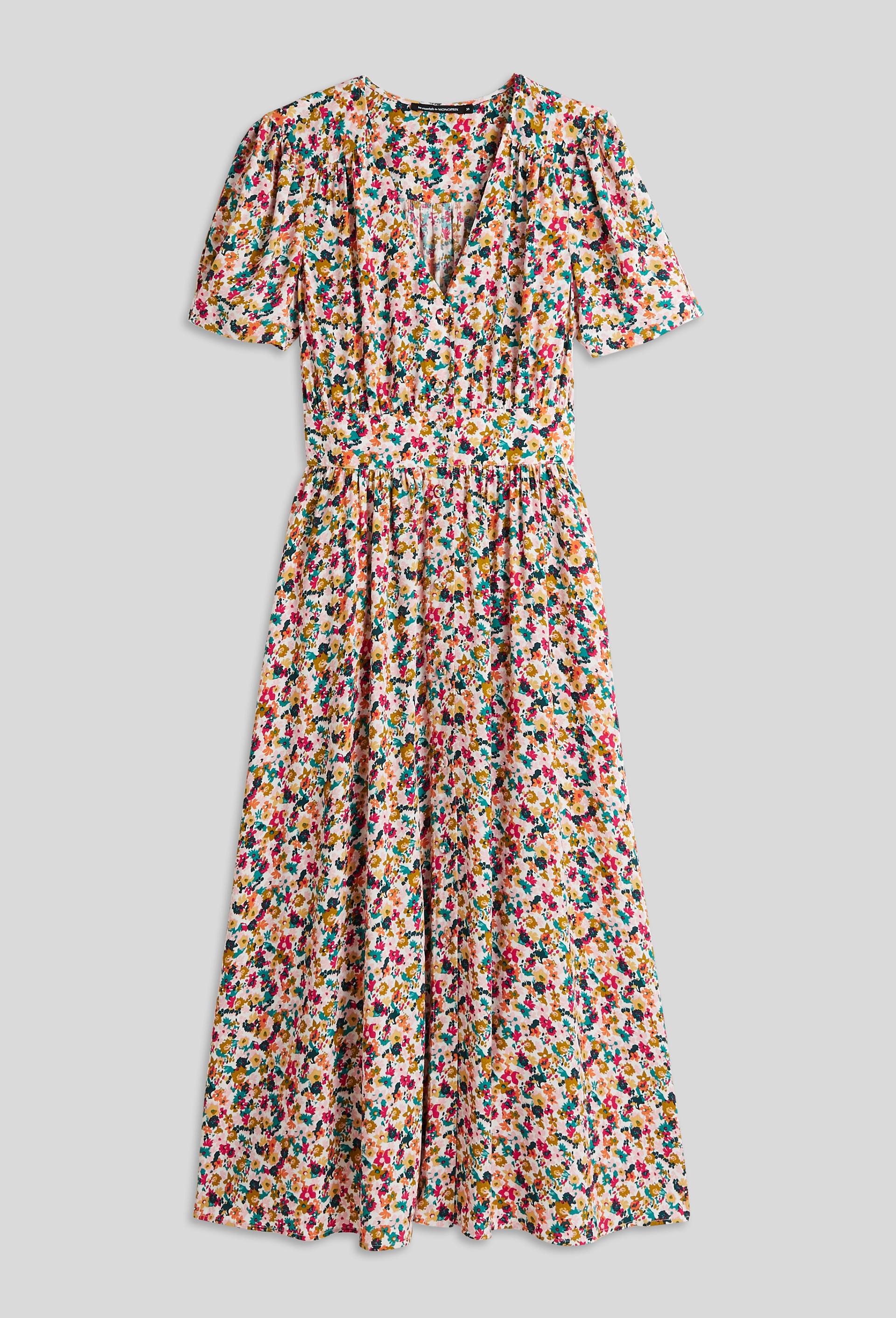 Robe midi cintrée imprimée, certifiée EcoVero, Ecru, large image number 2