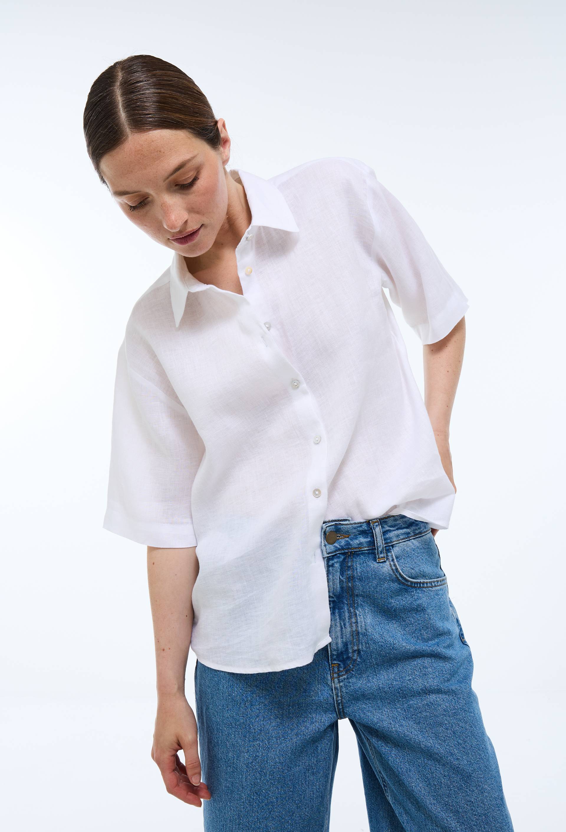 Chemise manches courtes unie en lin, Blanc, large image number 0