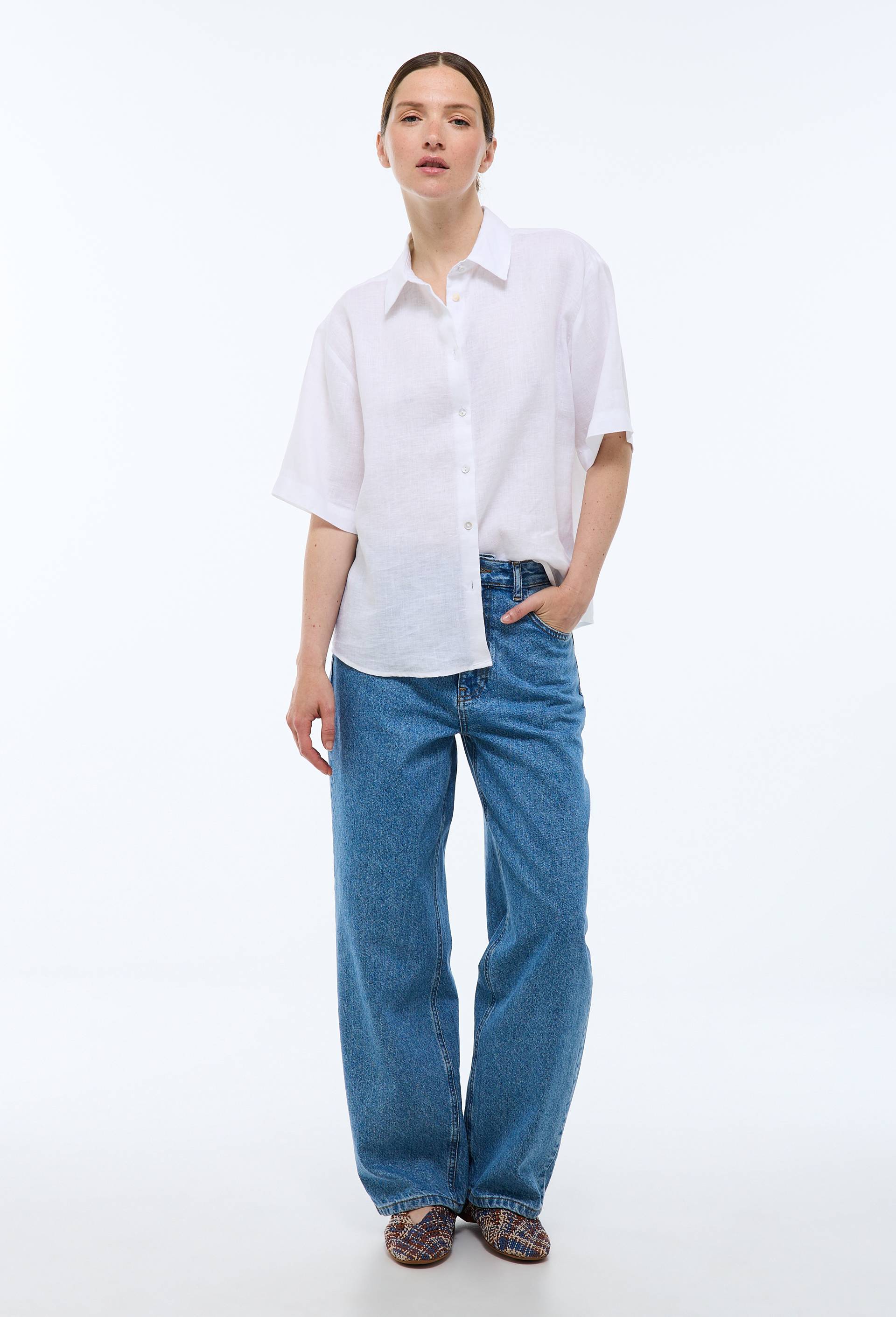 Chemise manches courtes unie en lin, Blanc, large image number 1