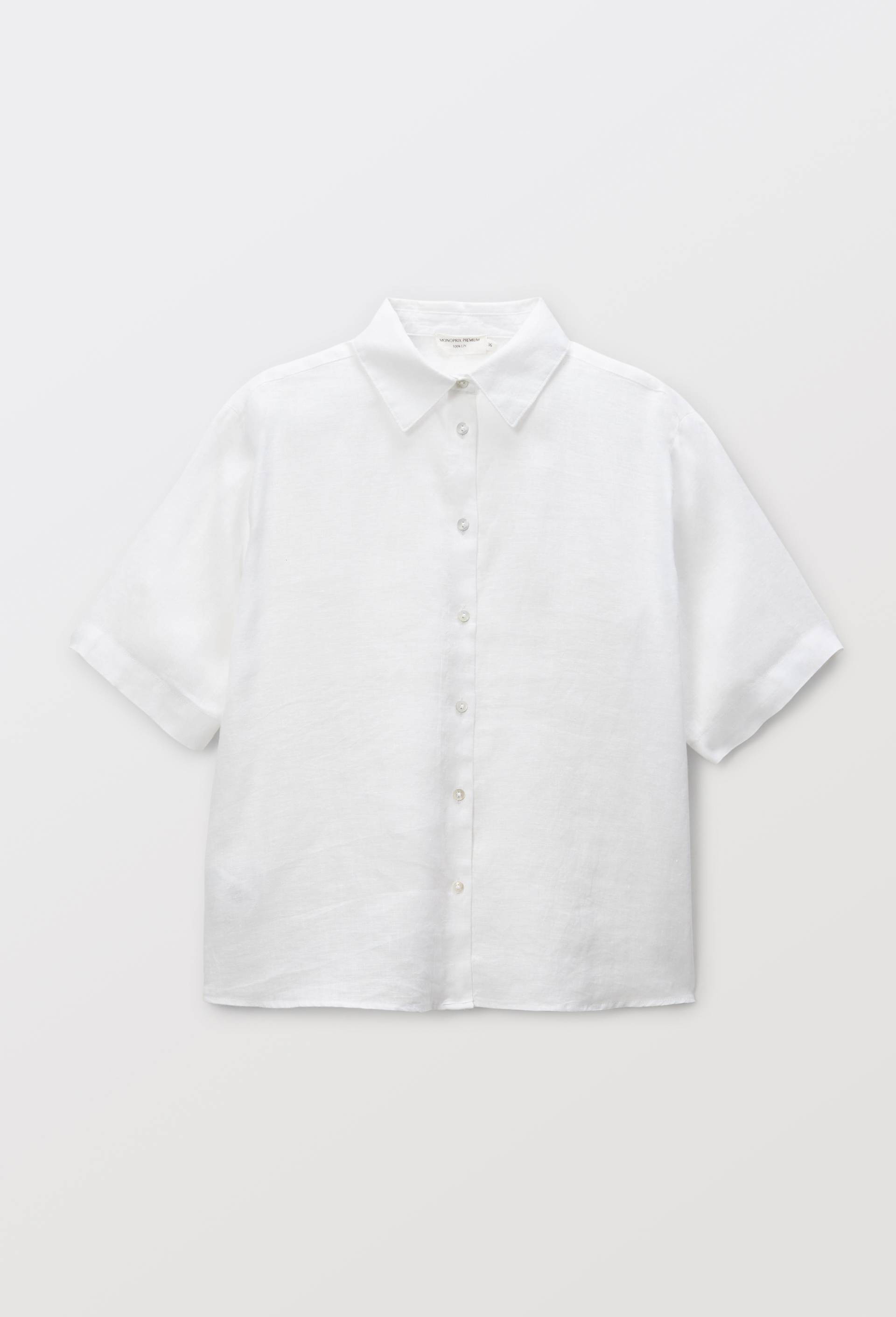 Chemise manches courtes unie en lin, Blanc, large image number 3