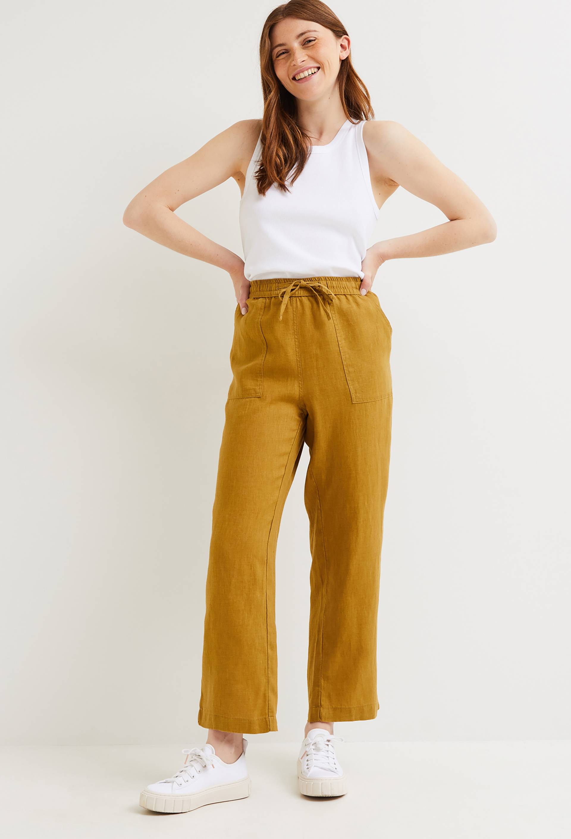 Pantalon taille élastiquée en lin, certifié European Flax, Jaune foncé, large image number 0