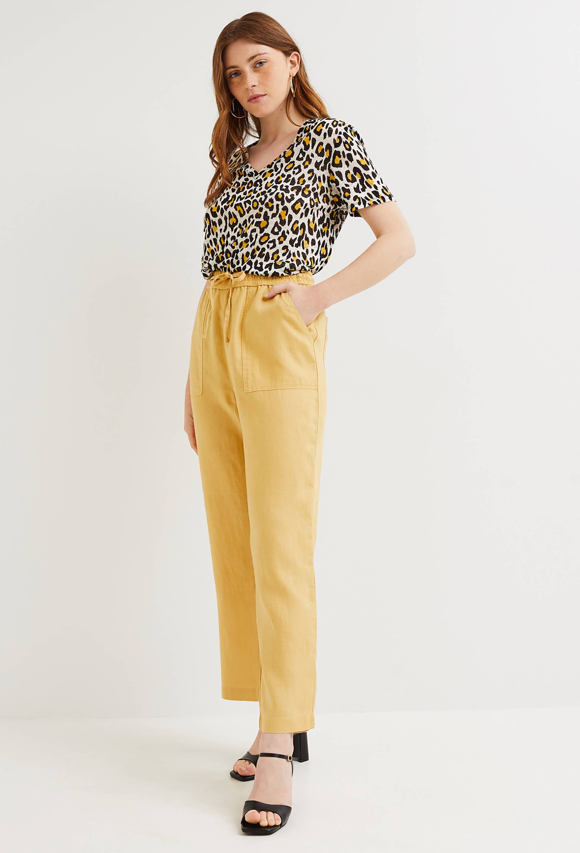 Pantalon taille élastiquée en lin, certifié European Flax, Jaune, large image number 0.0