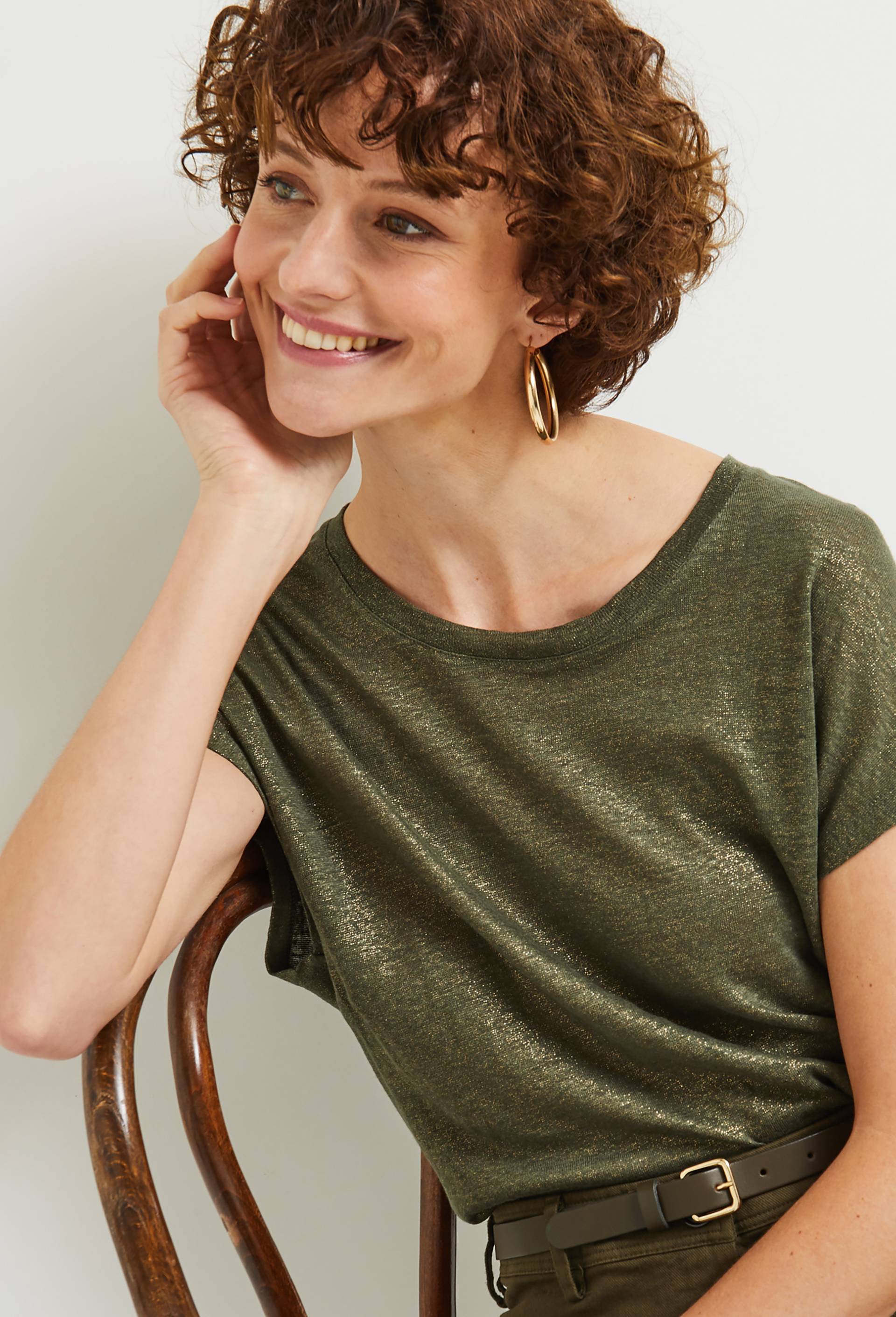 T-shirt irisé en lin, certifié European Flax, Vert foncé, large image number 1.0