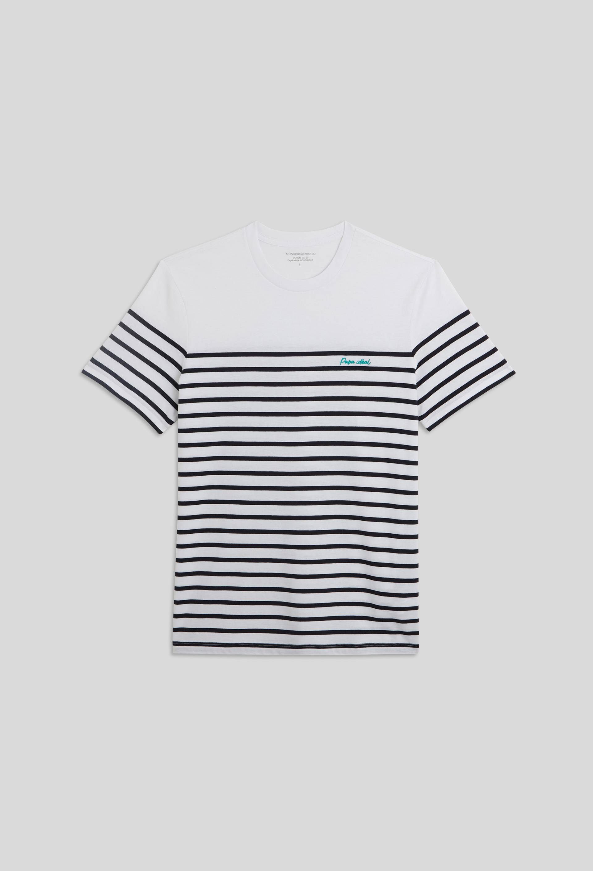 T-shirt manches courtes rayé avec broderie poitrine en coton BIO, Blanc, large image number 2.0