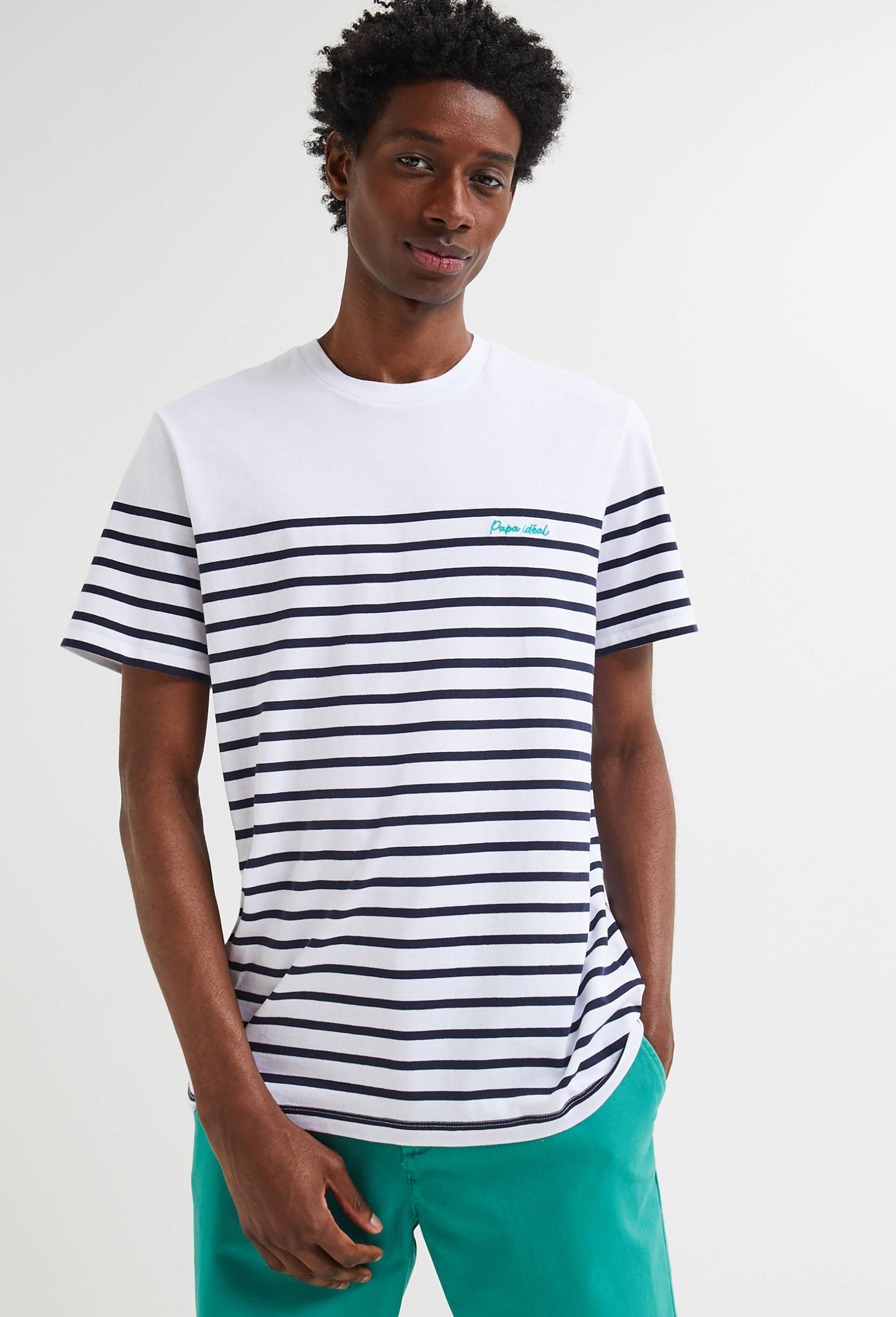 T-shirt manches courtes rayé avec broderie poitrine en coton BIO, Blanc, large image number 3.0