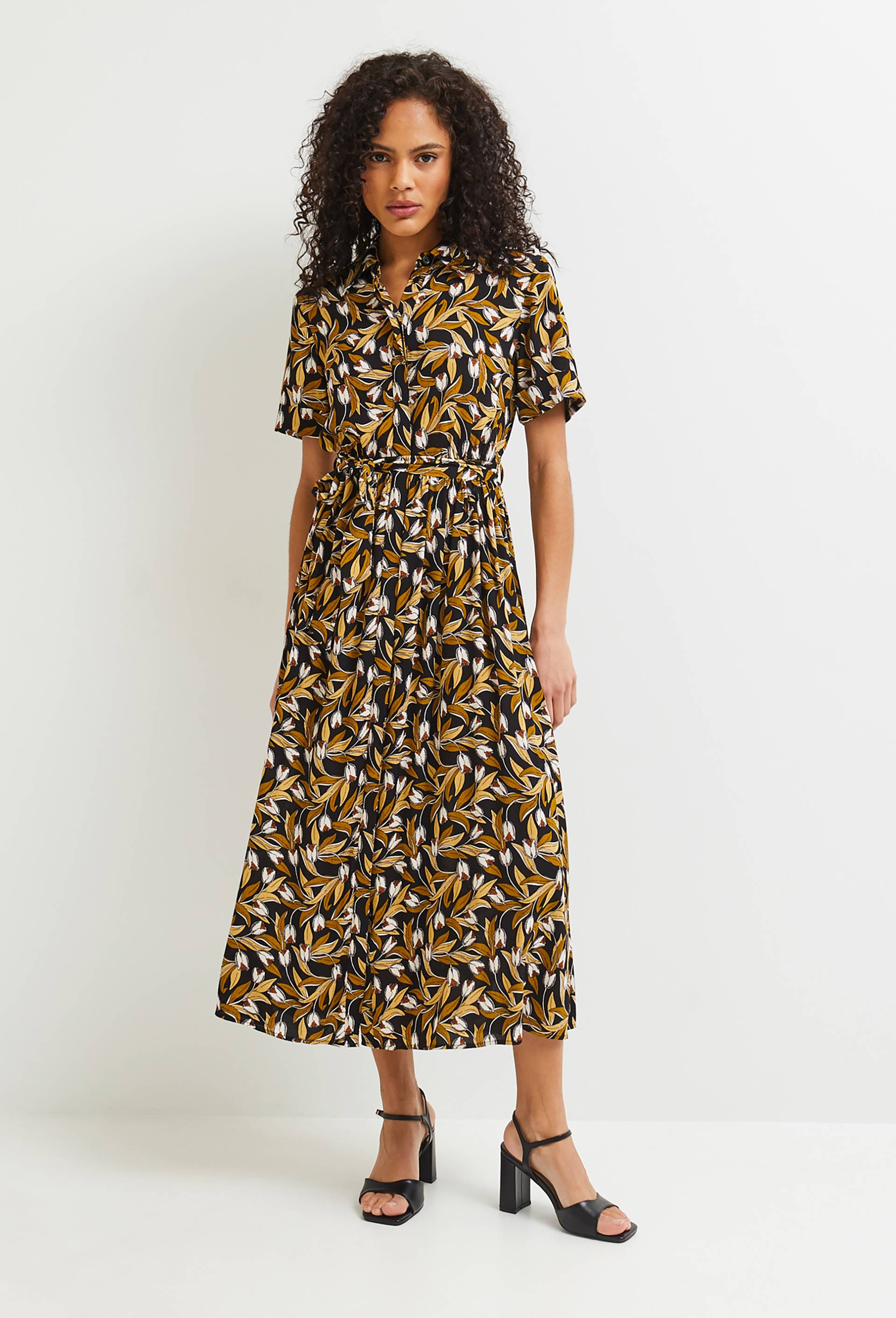 Robe chemise midi imprimée, EcoVero, Noir, large image number 1