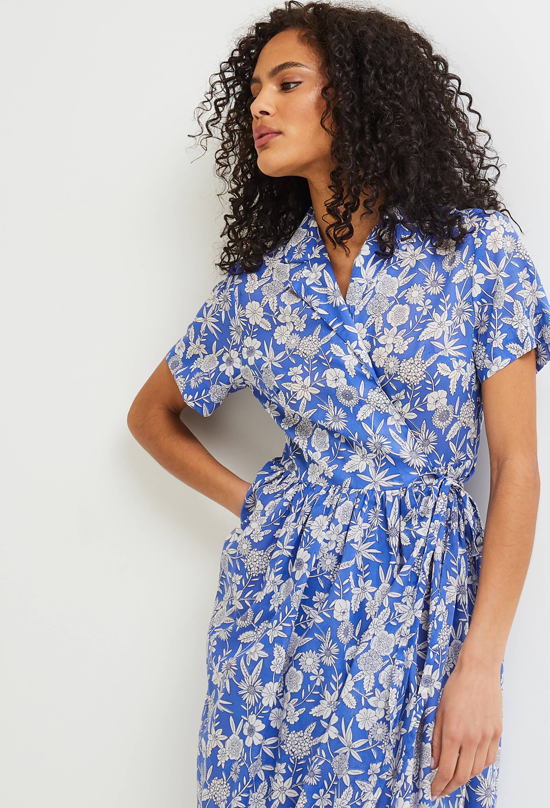 Robe midi ceinturée imprimée en coton BIO, Bleu, large image number 0.0