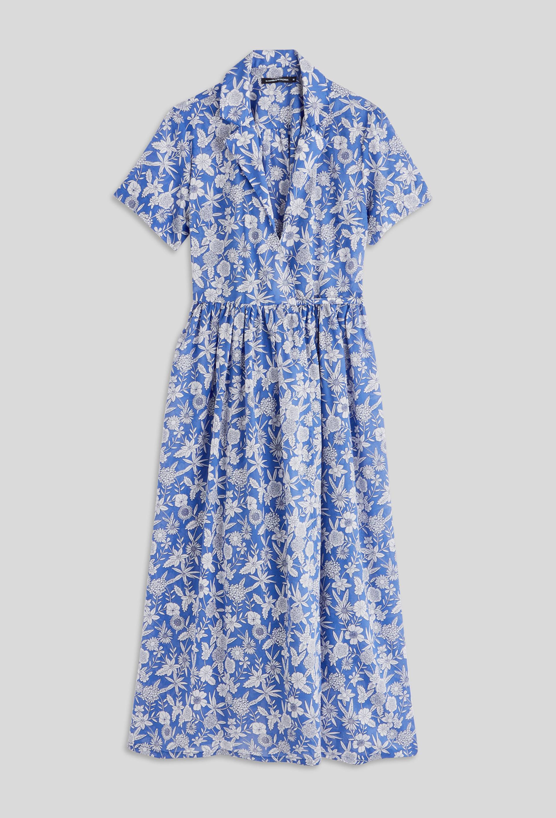 Robe midi ceinturée imprimée en coton BIO, Bleu, large image number 2.0