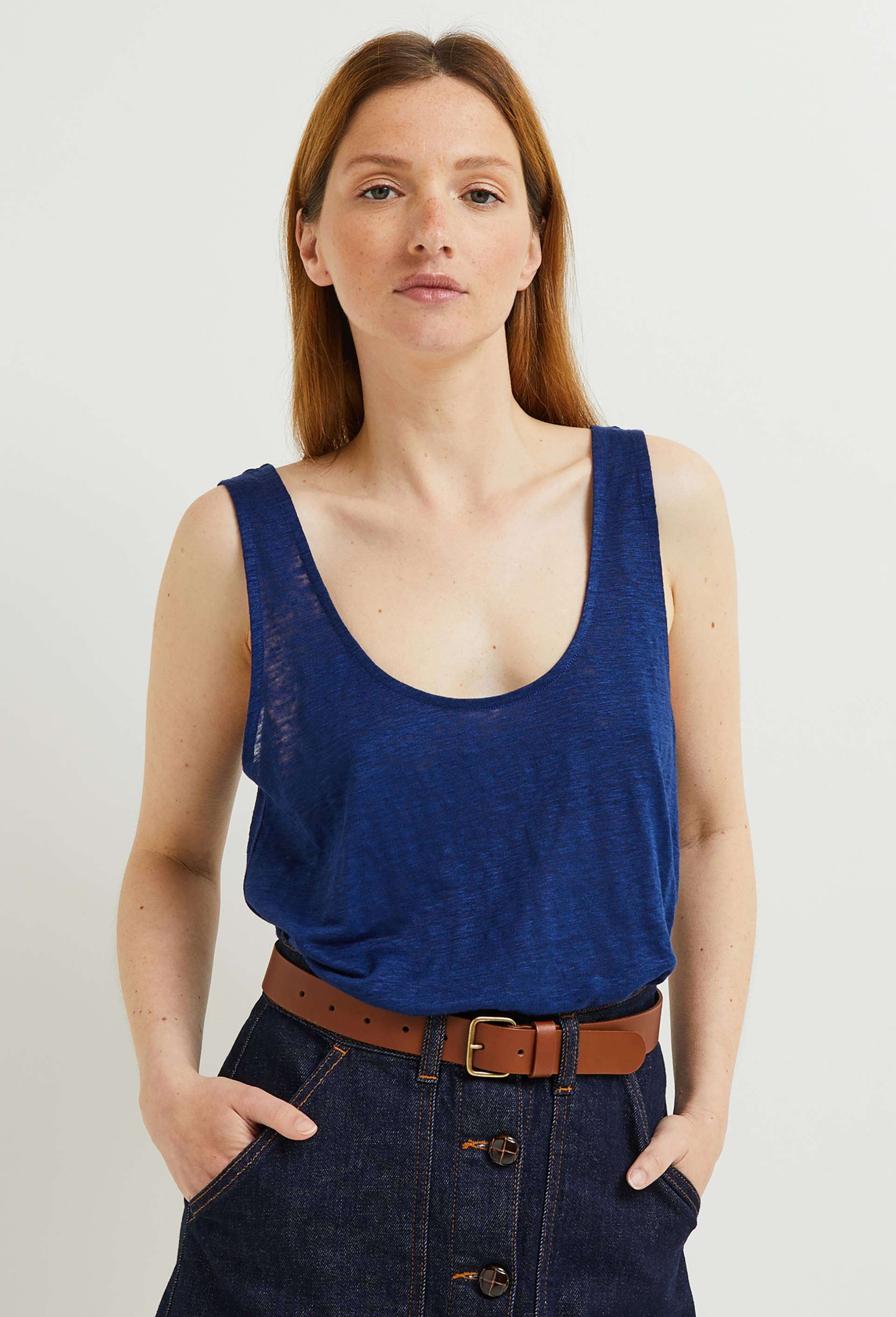 Top PAULINE en lin, Bleu foncé, large image number 0